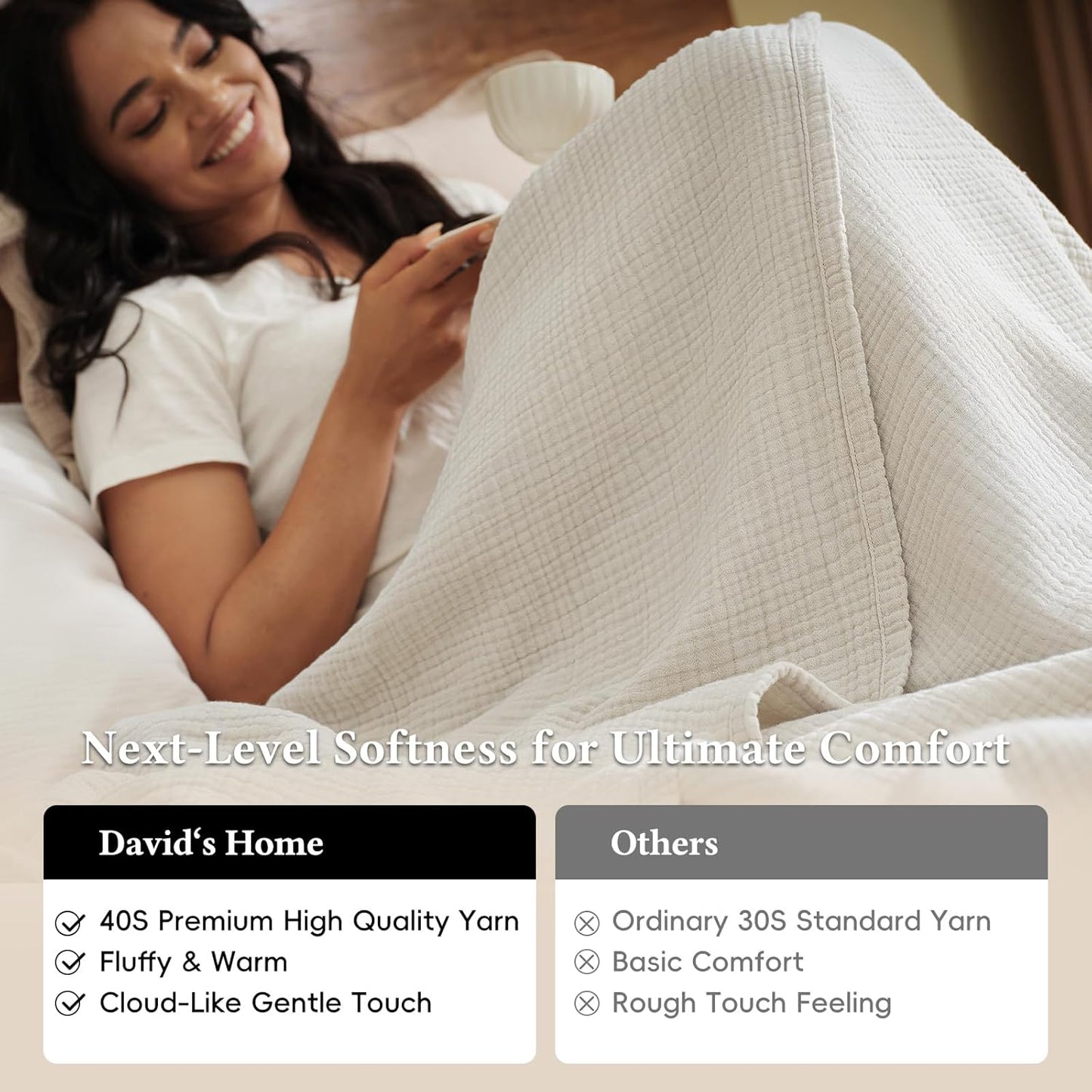 David's Home Pre-Washed 100% Cotton Muslin Throw Blanket, 4-Layer Soft Throw for Bed Couch, Breathable & Lightweight Blankets for Adults Hot Sleepers, Room Decor, Luxury Gift, Birch, 50 * 60"