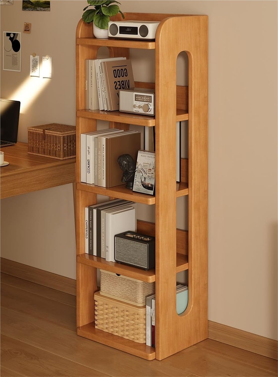 Modern Solid Wood 5-Tier Corner Bookshelf, Floor-Standing Narrow Bookcase for Living Room, Study & Office - Open Design, Minimalist Style Storage Solution (W43 cm)