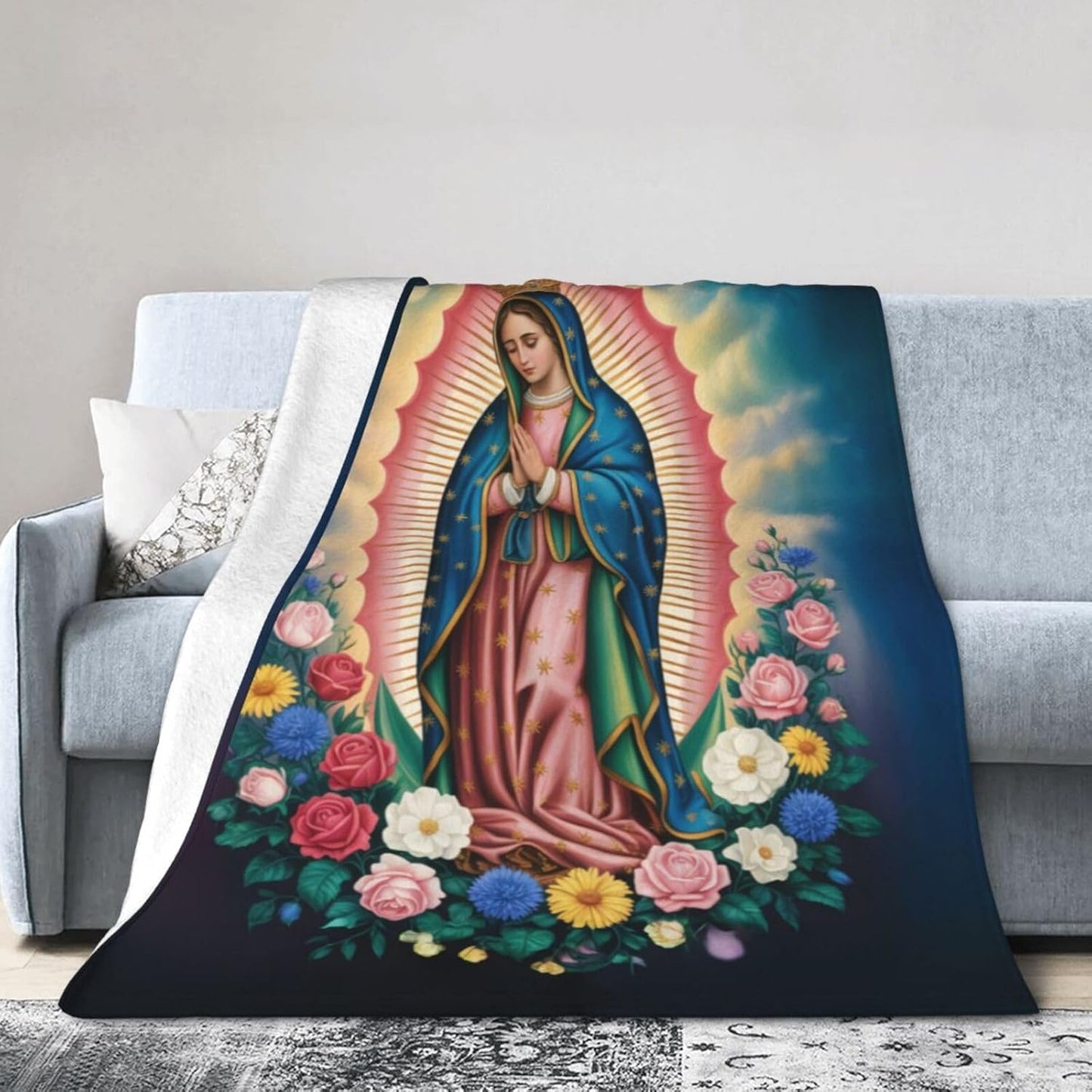 Our Lady of Guadalupe Throw Blanket, Religious Art Floral Design, Soft Cozy for Couch Bed - 60"x50"