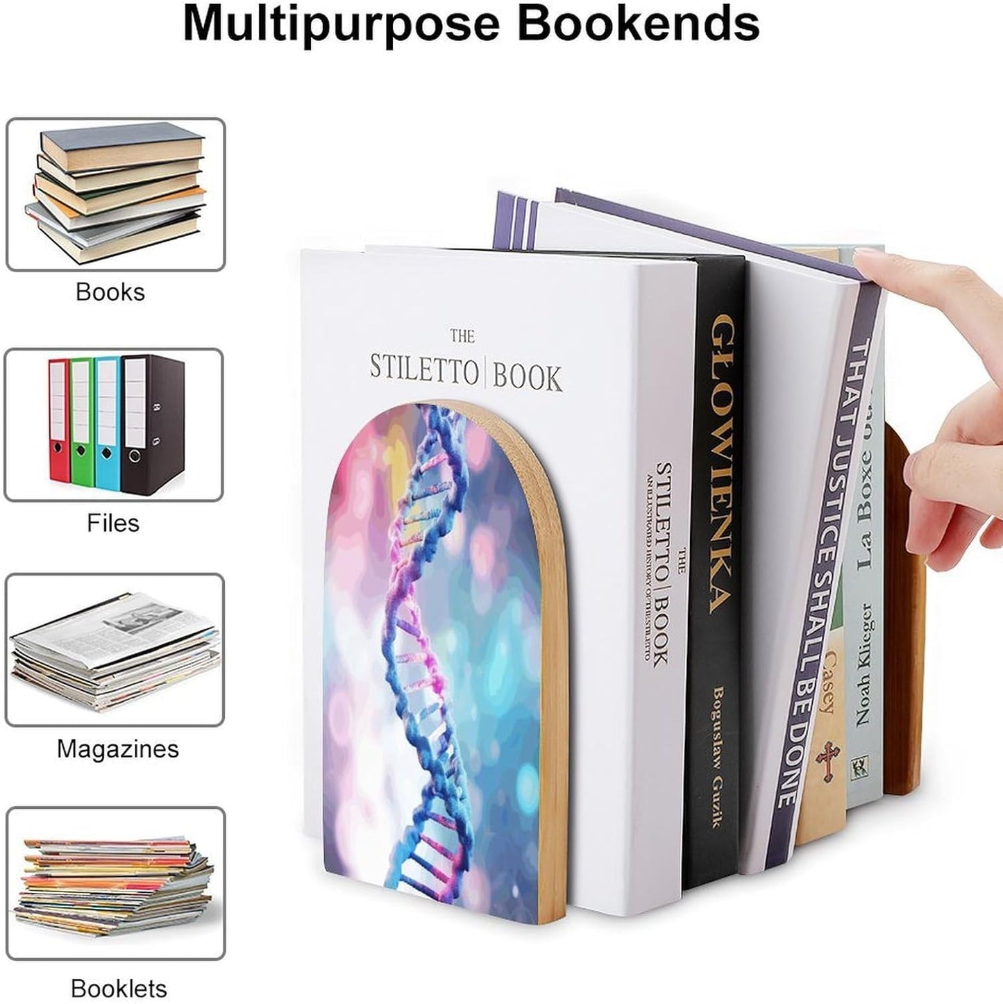 DNA in Bookend for Shelves Wooden Book End Large Size Sturdy Book Holders Stoppers with Metal Base for Bookshelves Slick Decorative Bookends Stands