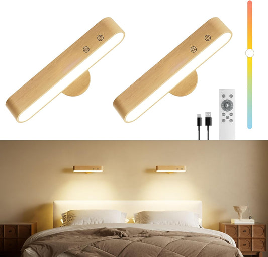Rechargeable LED Wall Sconces Set of Two,Wall Lights for Bedroom with Remote Control and Touch,360° Magnetic Rotation,3 Colors Dimmable Brightness Wood Wall Lamps with 15 RGB Colors,2 Pack