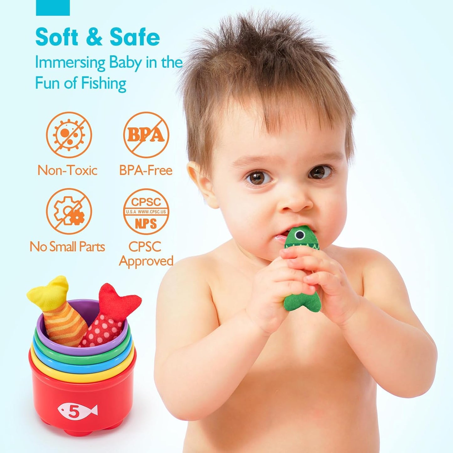 hahaland Montessori Toys for 1 Year Old Boy Girl Birthday Gift - 10 in 1 Cloth Fishing Game Easter Basket Stuffers for Toddler Toys 1-3 with Stacking Cups - Number Counting, Color Sorting Learning