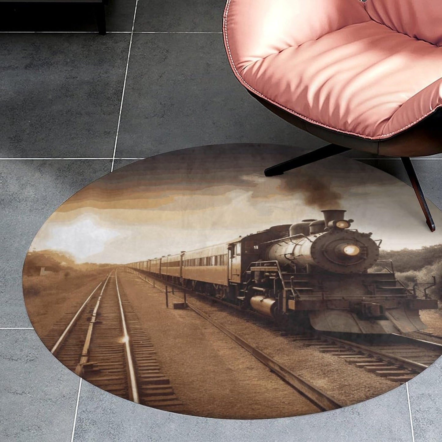 Train and Railway Circle Rug Retro Luxury Coral Velvet Floor Mat Non Slip Soft Indoor Floor Carpet Comfy Thickened Area Rugs Modern Aesthetic Minimalist Carpets for Home Decor