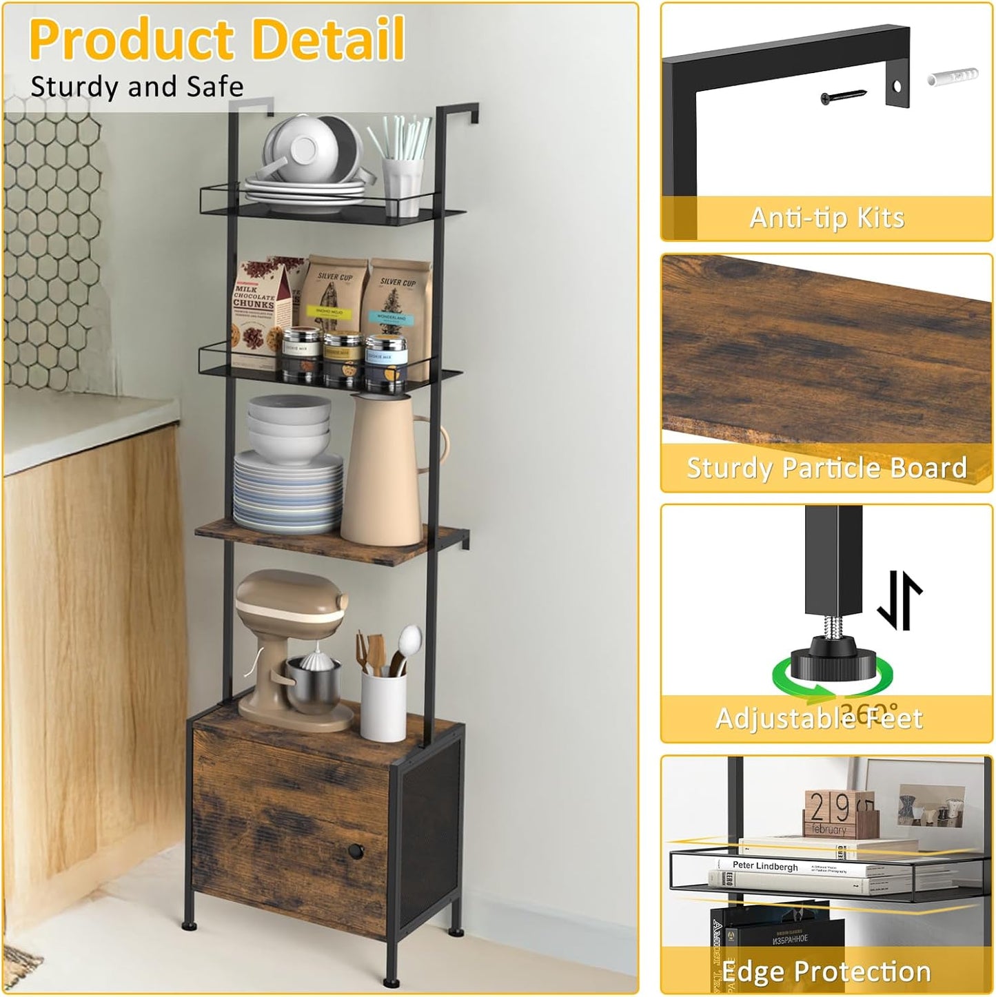 Shinoske Ladder Bookshelf,5 Tier Book Shelf with Storage Cabinet,Wall Mounted Industrial Bookcase for Small Space,Metal Frame,Tall Display Shelf for Living Room,Corner,Bedroom,Office,Brown