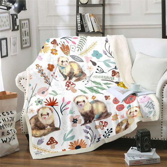 Erosebridal Kawaii Ferret Blanket Mushroom Floral Throw Blanket 90"x90",Cartoon Animal Fleece Blanket Watercolor Flowers Leaves Bed Blanket,Cute Bed Chair Sofa Decor