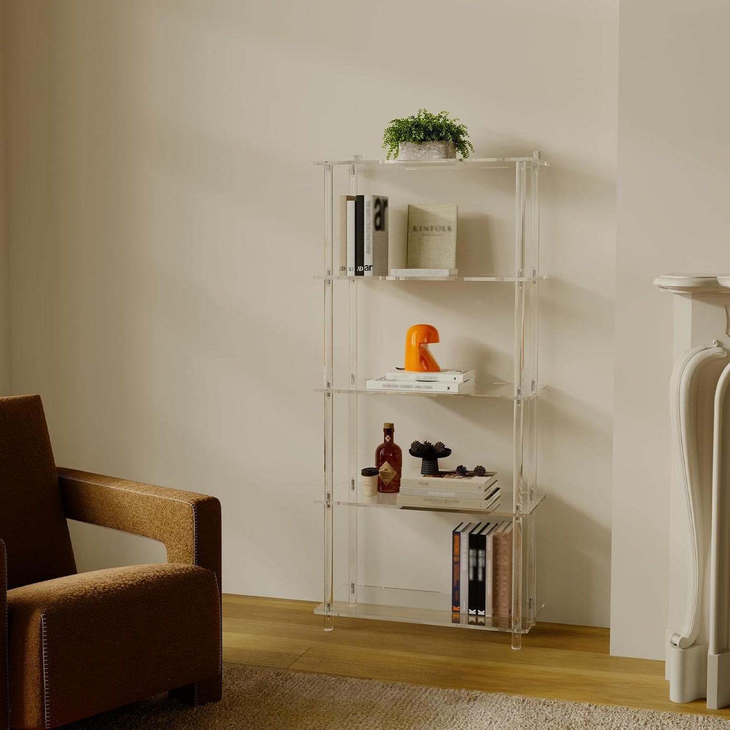 5-Tier Acrylic Bookshelf, 11.6" D x 23.6" W x 51.2" H, Modern Clear Bookcase for Home Office, Multifunctional Open Book Shelves for Living Room, Bedroom, Easy Assembly