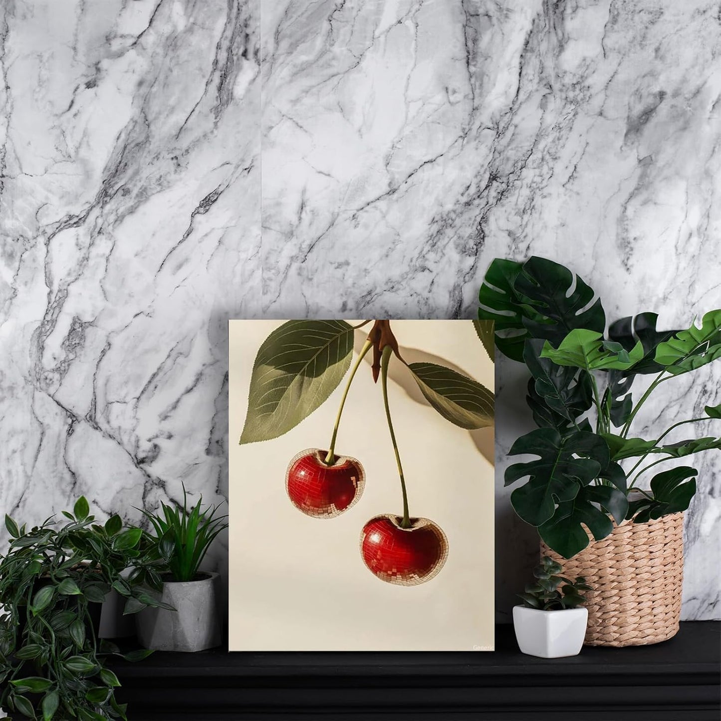 Red Disco Ball Cherry Canvas Wall Art Trendy Preppy Fruit Poster Vintage Art Prints for Bedroom Kitchen Wall Decor 8x10inch Framed