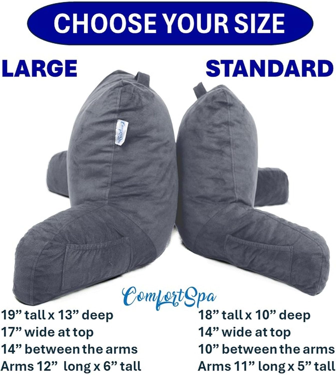 ComfortSpa Reading Pillow for Kids Teens Adult, Back Rest Pillow with Arms, Pockets, Washable Cover; Use as a Back Pillow for Bed Sitting Up for Bedrest or Relief from GERD Heartburn (Standard Grey)