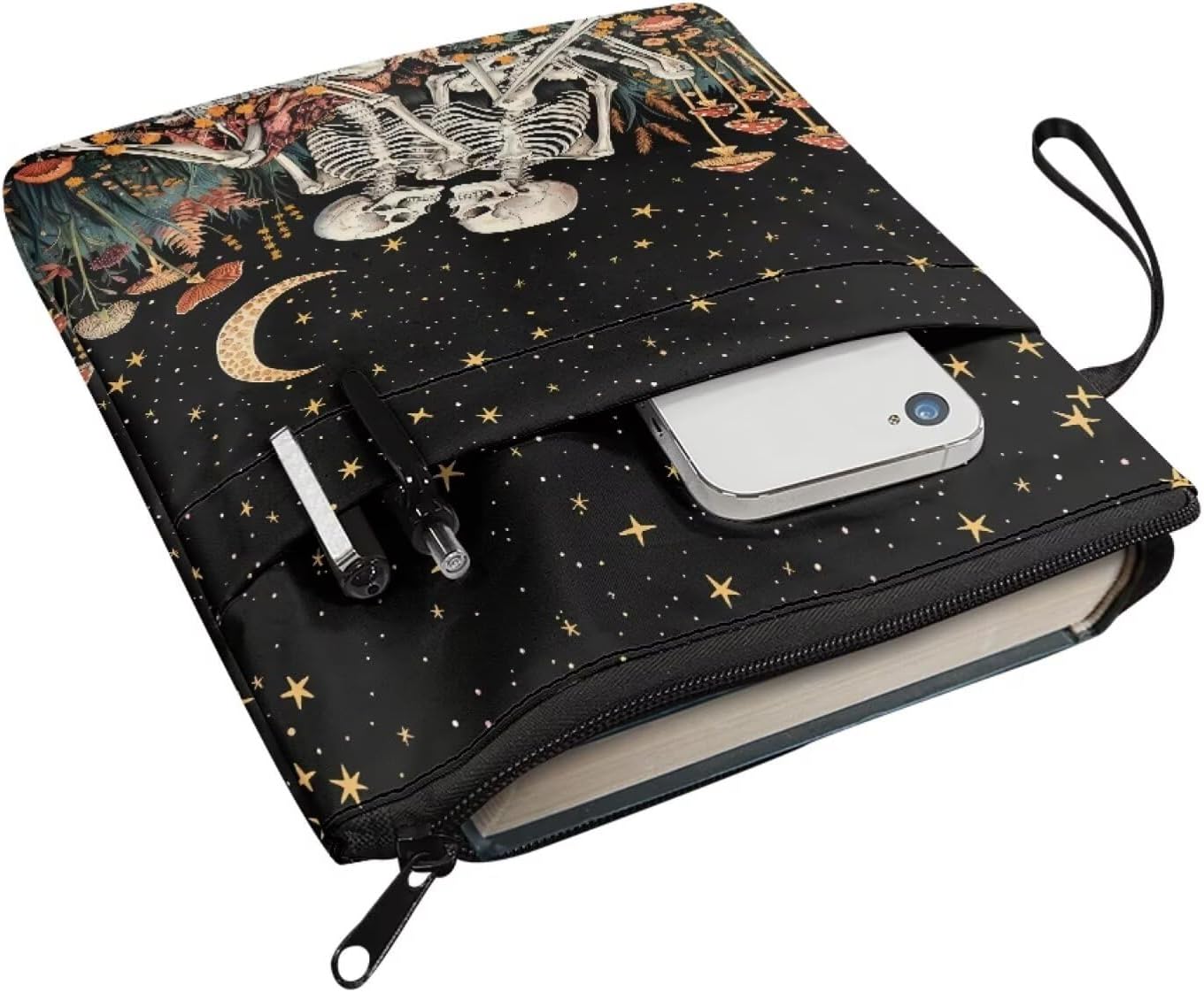 chaqlin Book Protector Sleeve for Book Lovers Gifts Skeleton Moon Night Washable Paperback Bookcover Pouch with Zipper and Front Pocket for Women Bookish Bookworm Library Reading Club