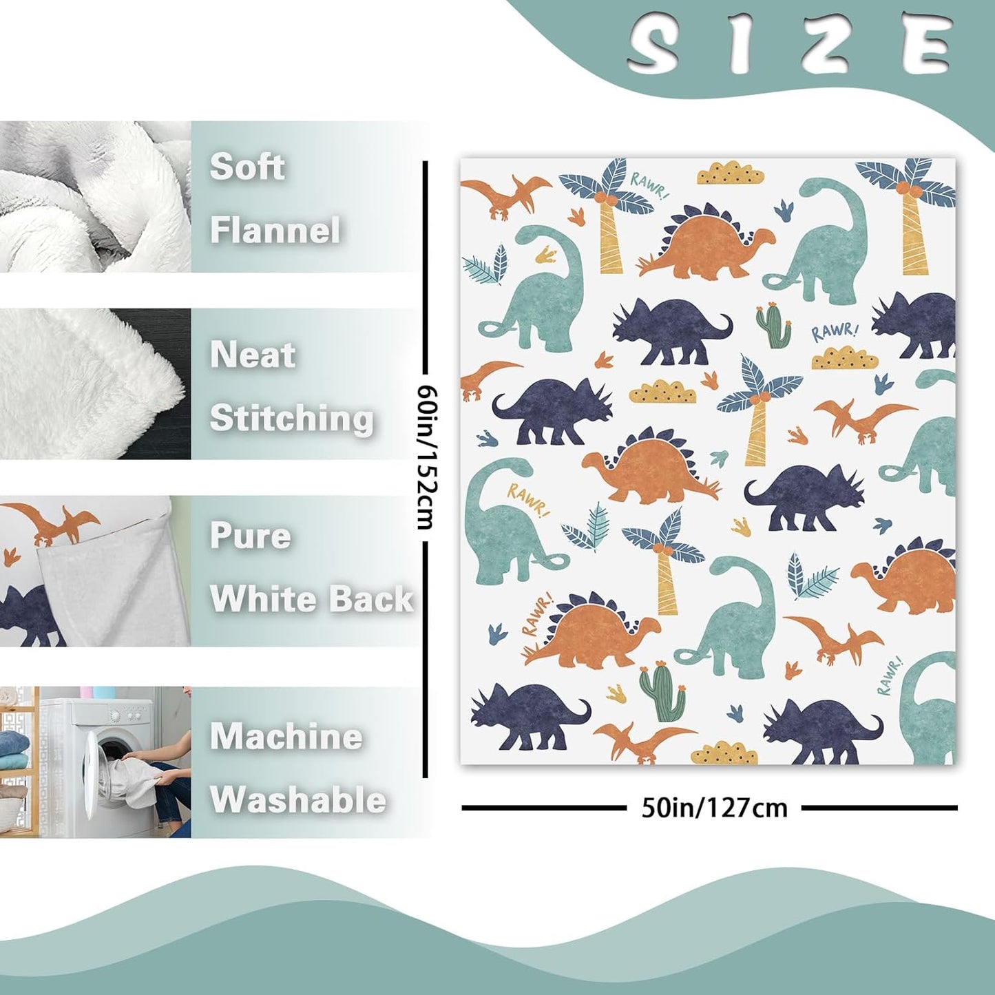 Dinosaur Flannel Throw Blanket for Boys Girls Kids, Dino Rawr Tropical Plant Birthday for Baby Toddler Child Age 1-14 Years Old Teens, White Blanket for Bedding Sofa 50 x 60 in