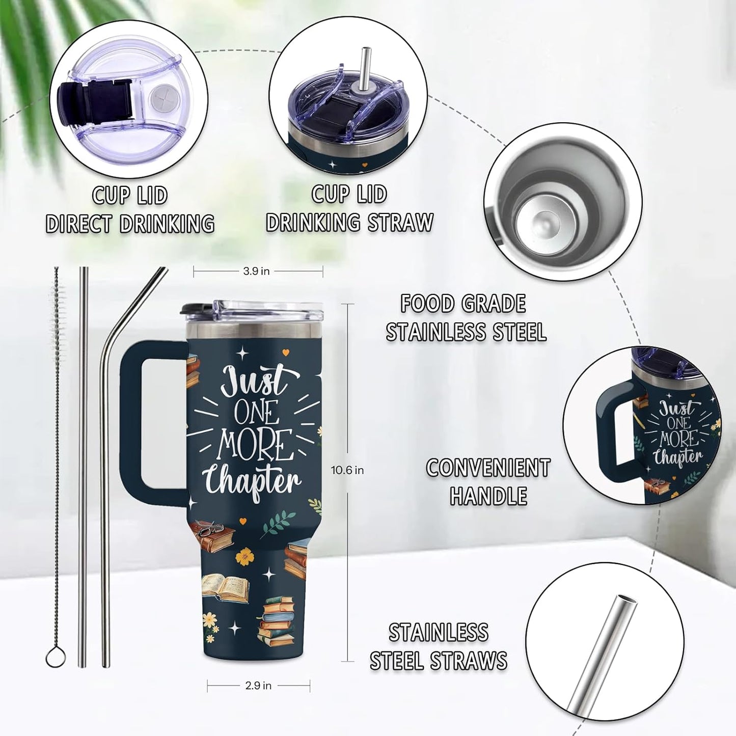 Book Lover Gifts for Women, 40 Oz Just One More Chapter Tumbler with Handle & Straw, Gift for Readers, Birthday Thanksgiving Christmas Presents for Books Lover, Book Tumbler, 1 PCS