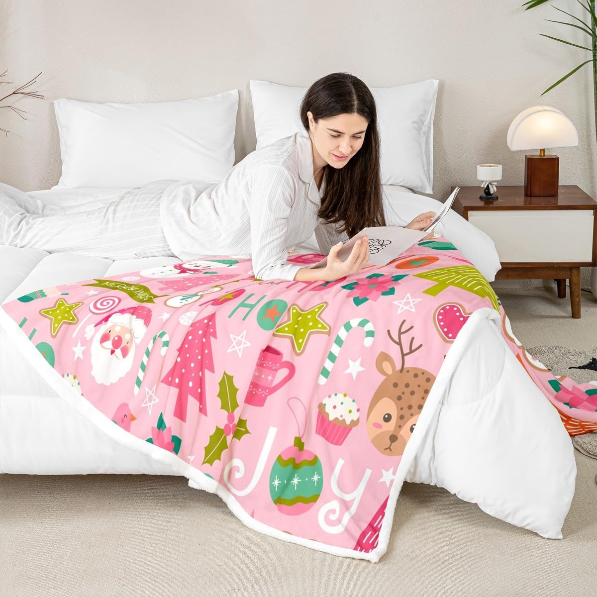 Erosebridal Pink Christmas Throw Blanket - Cartoon Santa Claus Fleece for Kids, Boys, Girls, Women - Snowman Pine Fuzzy Sherpa With Christmas Tree, Cute Deer - Baby Size Xmas Decor