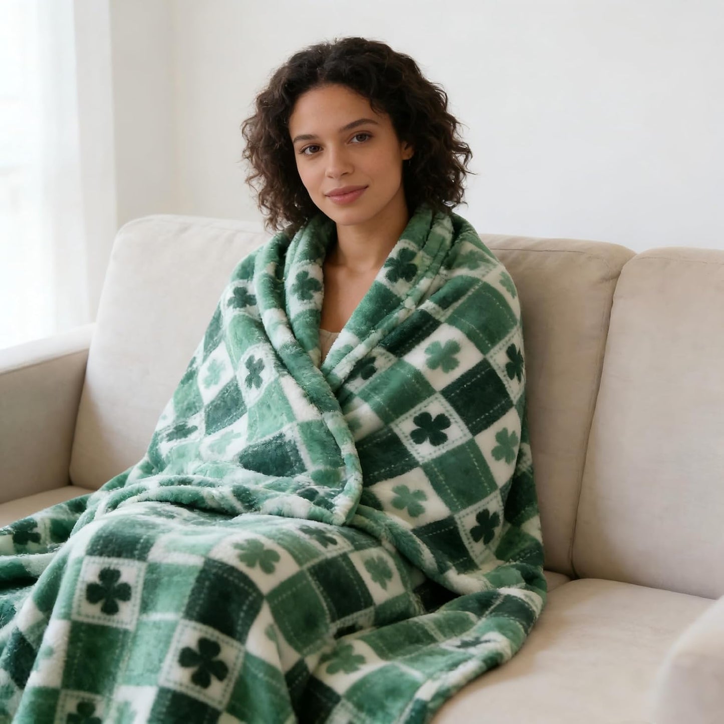 St. Patrick's Day Blanket, Green Shamrock Throw Soft Fuzzy Plush Cozy Fleece Blanket for Couch Sofa Bed, Irish Themed Home Decor Gift, 50 x 60 Inches