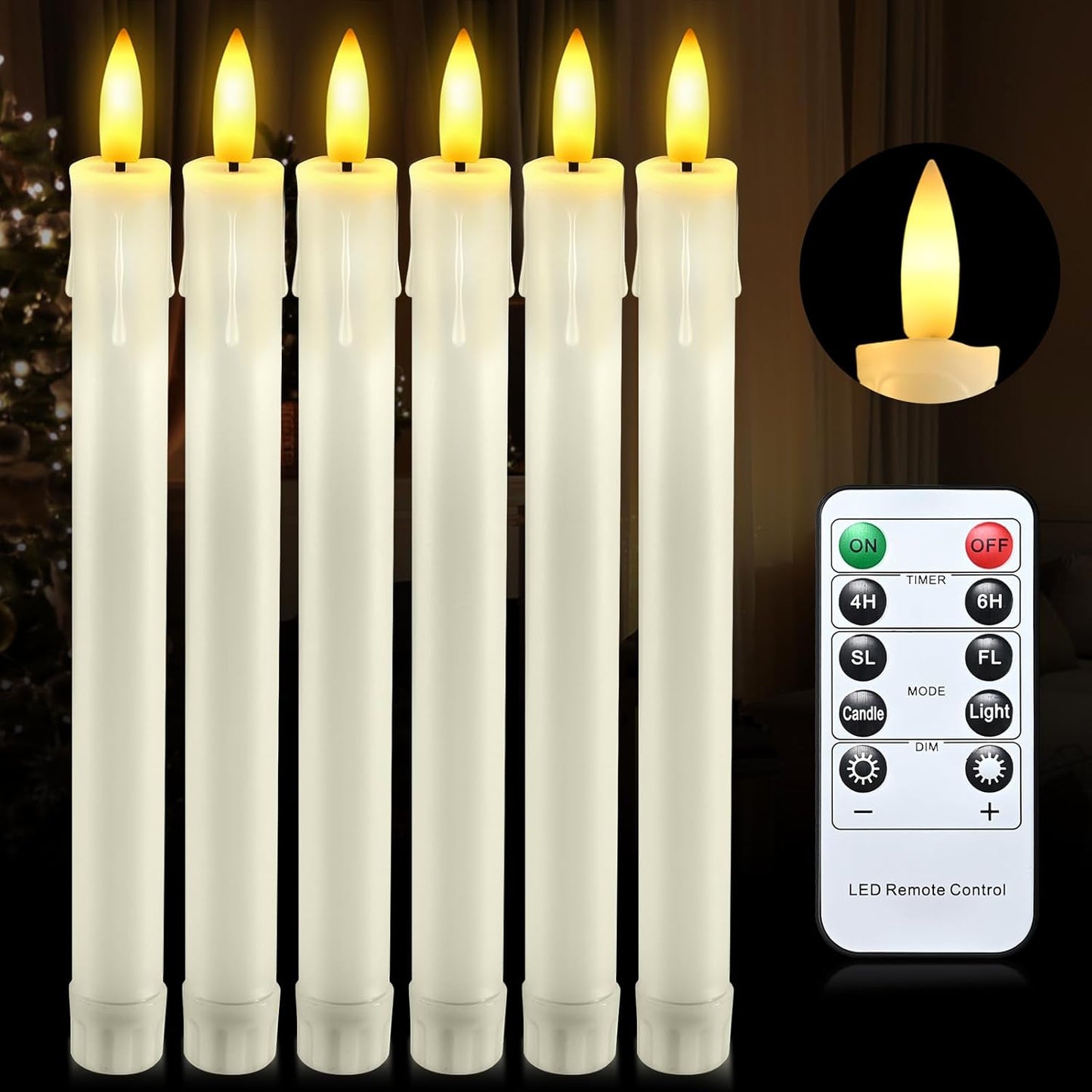 JOSU LED Flameless Taper Candles with Remote Timer, 6 Pcs Ivory Fake Candlesticks Battery Operated 3D Flickering, Realistic Electric Candles Warmer Lamp Light for Wedding Party Home Decor, 0.78"x8.86"