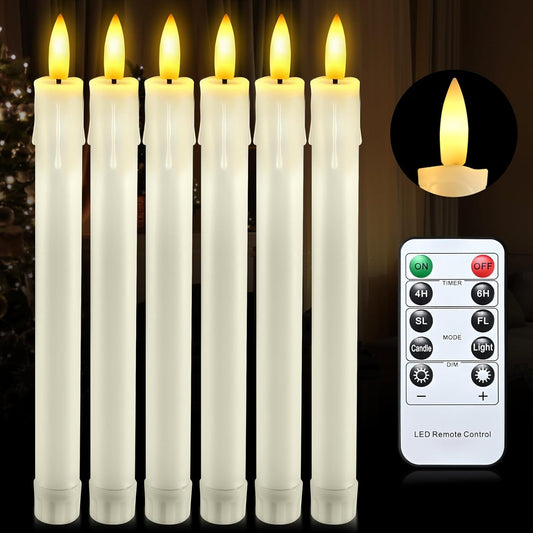 JOSU LED Flameless Taper Candles with Remote Timer, 6 Pcs Ivory Fake Candlesticks Battery Operated 3D Flickering, Realistic Electric Candles Warmer Lamp Light for Wedding Party Home Decor, 0.78"x8.86"