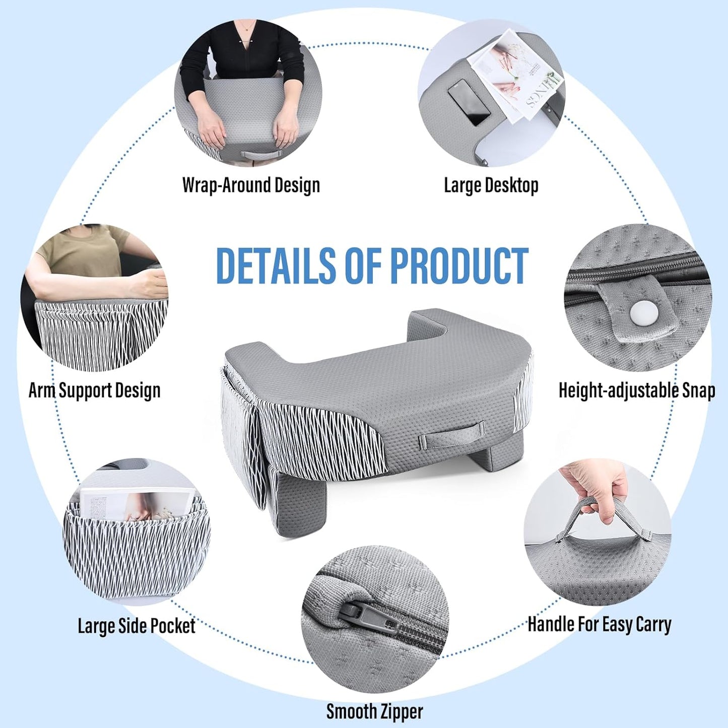 LEBENGURU Reading Pillow for Laptop, Extra Large Armrest Gaming Pillow for Working, Hight Adjustable Lap Desk Pillow for Adult Sitting in Bed, Floor, Sofa（Stripe and Grey）