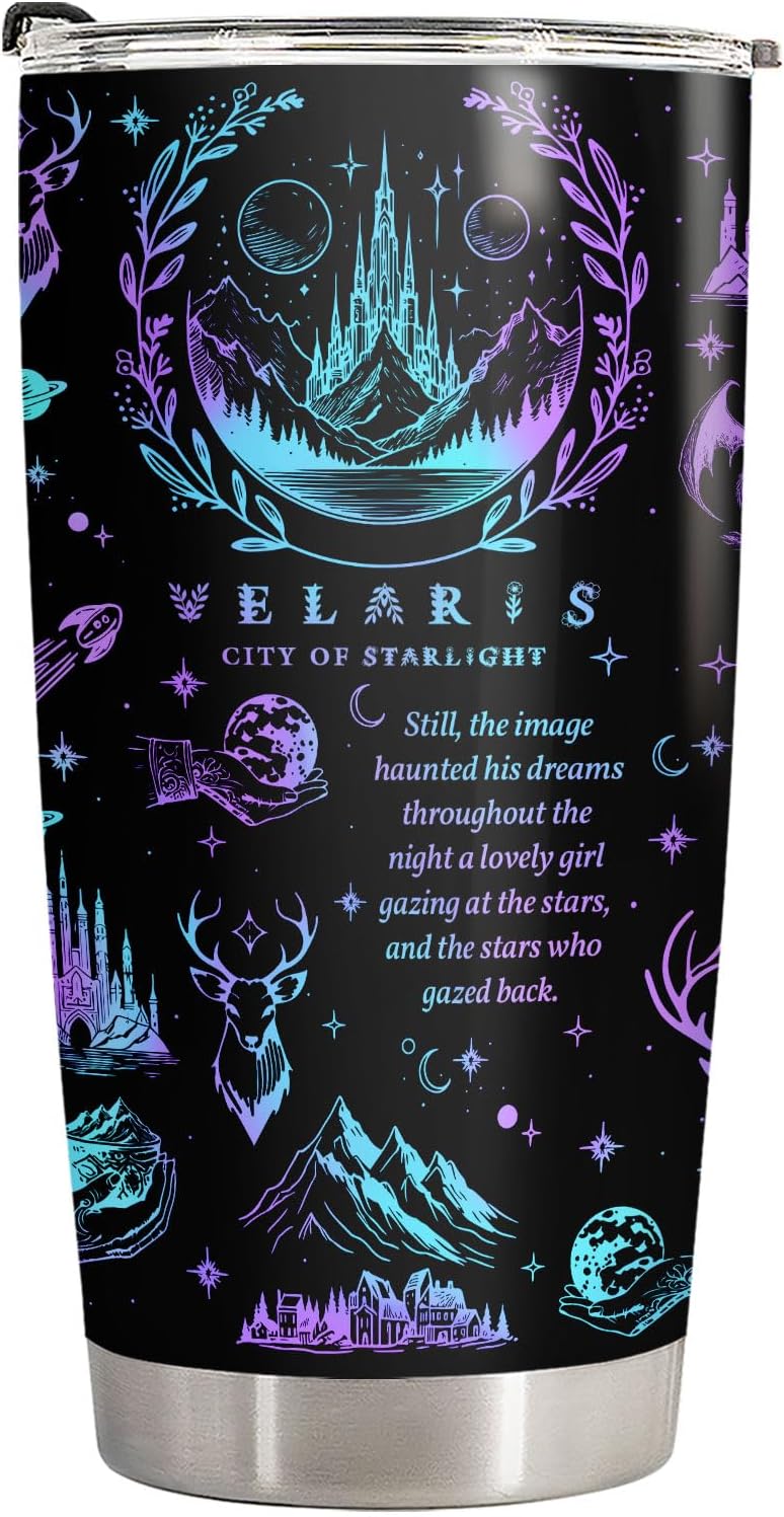 34HD Galaxy City of Starlight Tumbler 20oz Stainless Steel Insulated - Fantasy Book Lover Gift for Readers - Double Wall Vacuum Travel Mug Black Deer Castle