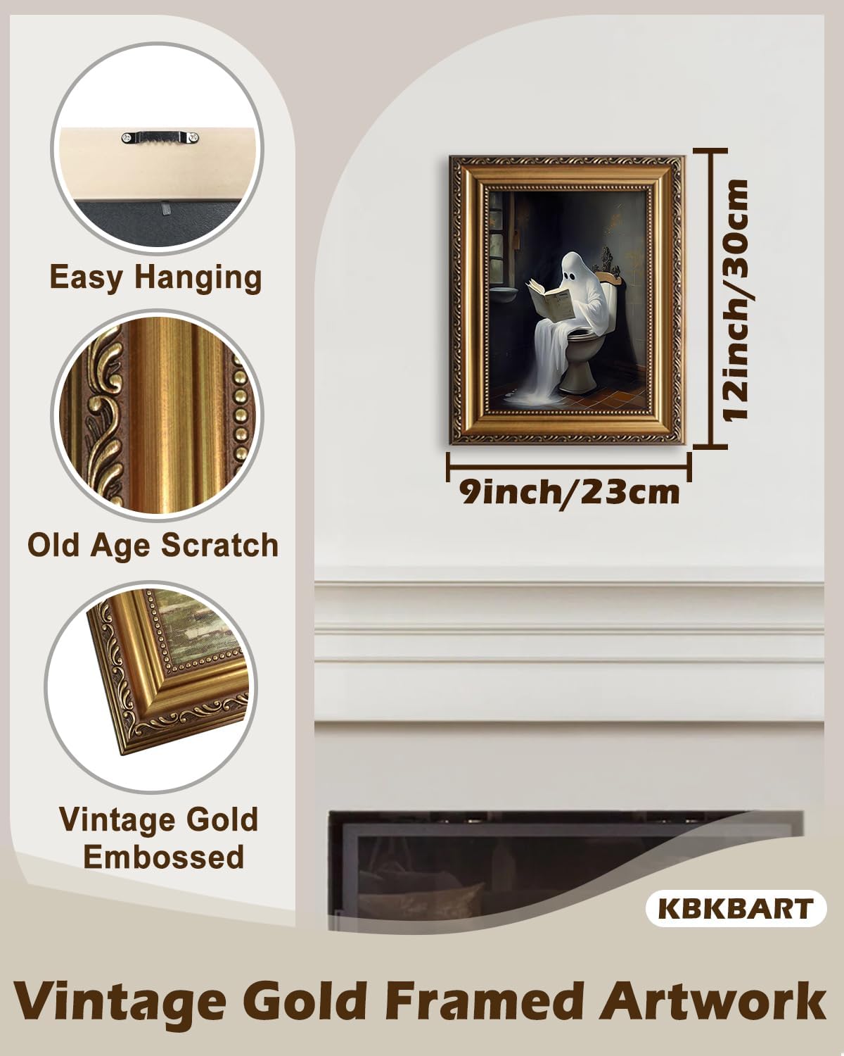KBKBART Gold Framed Canvas Wall Art, Vintage Cute Ghost on Toilet Reading Books Gothic Aesthetic Posters, Spooky Dark Academia Room Decor, Ghost in Bathroom Horror Halloween Pictures, Bathroom Decor Wall Art(9"x12")