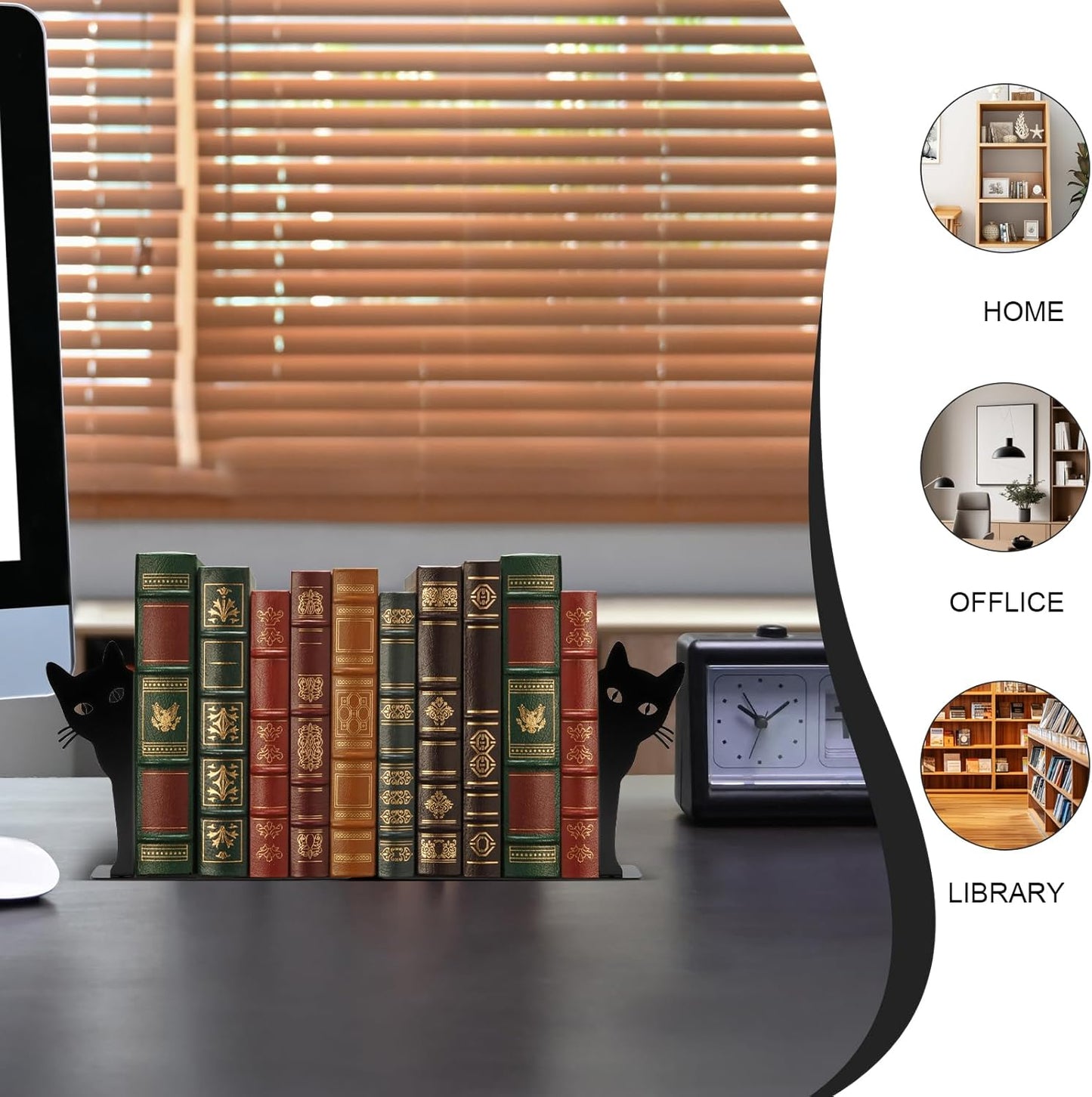 Cat Bookends for Heavy Books, 9.5 Inch Tall Metal Book Ends for Shelves, Decorative Black Iron Book Stoppers for Home Office Decor, 1 Pair