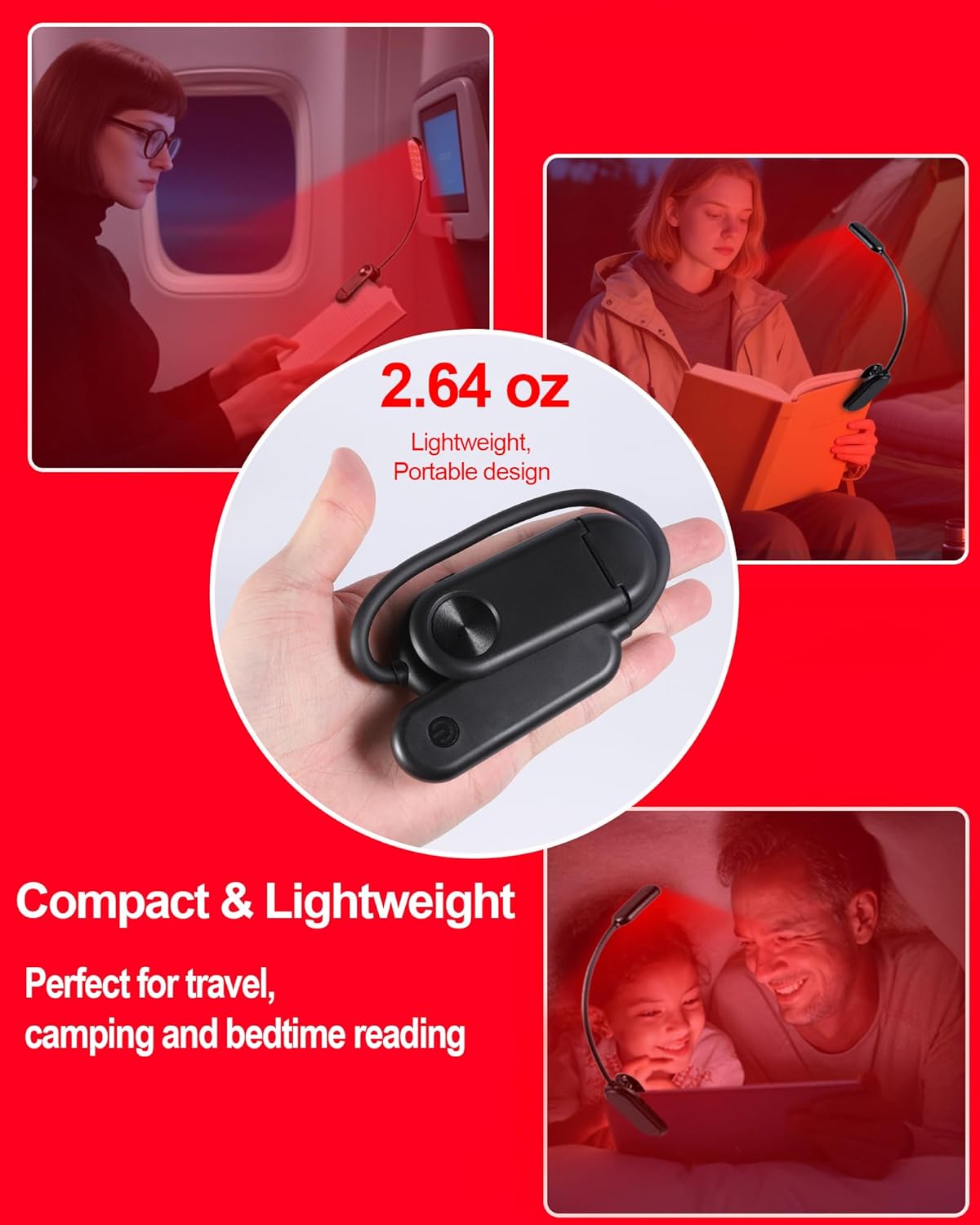 670nm Red Book Light [1 Pack] - Zero Blue Light, Rechargeable Clip On Red Reading Light Lamp for Reading at Night - Poratble Dimmable LED Book Lamp, Gift for Lovers Travel Studying Nursing