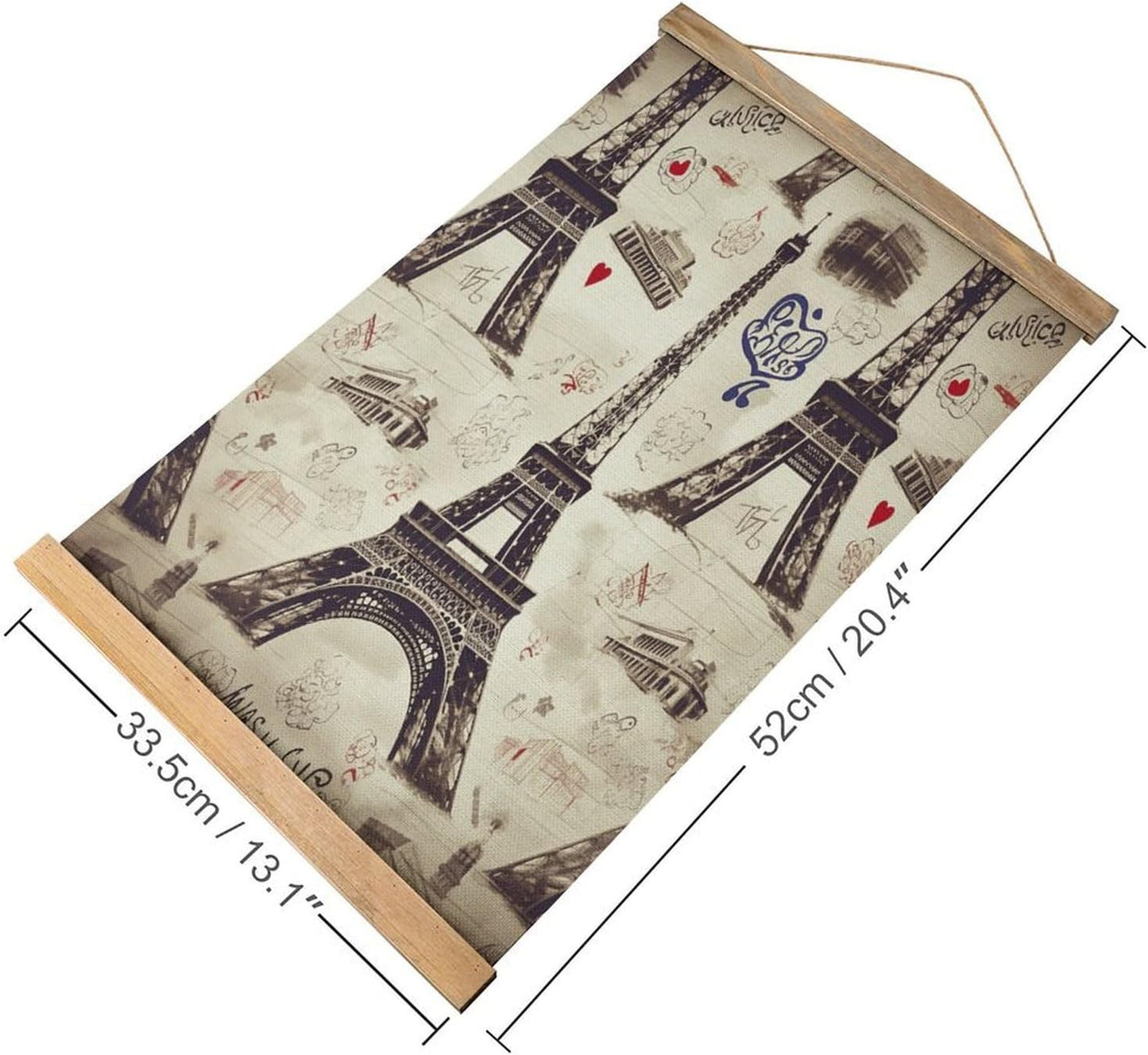 Vintage French Paris Tour Eiffel Tower Poster with Wooden Frame Personalized Linen Hanging Scroll Painting Rustic Wall Hanging Illustrative Modern Artwork Decor for Home Living Room Bedroom Office