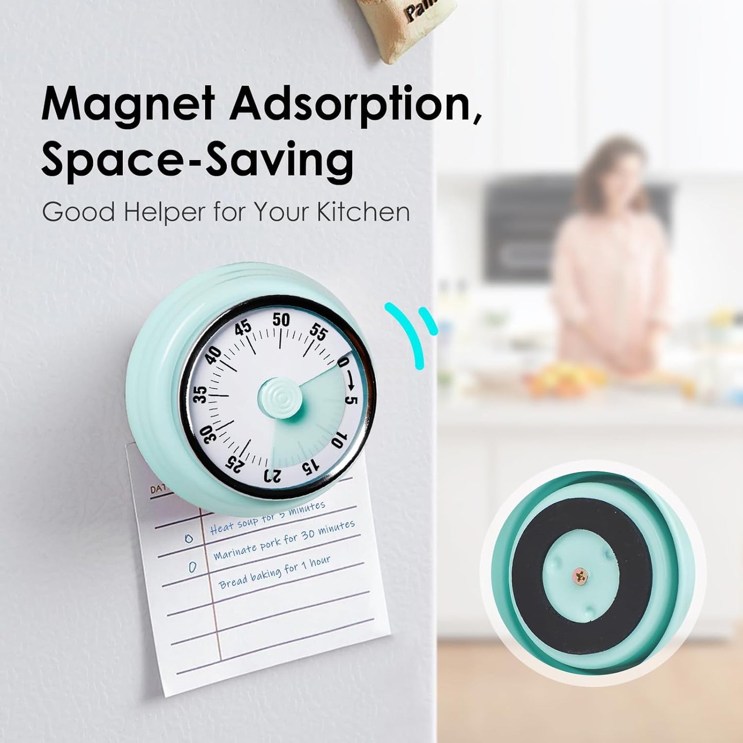 Visual Timer, Teeloray 60-Minute Countdown Timer, Kitchen Timer with Magnetic Base, Mechanical Clockwork, Ringer Alert, Time Management Tool for Children and Adults, Study/Work/Cooking (Mint Green)