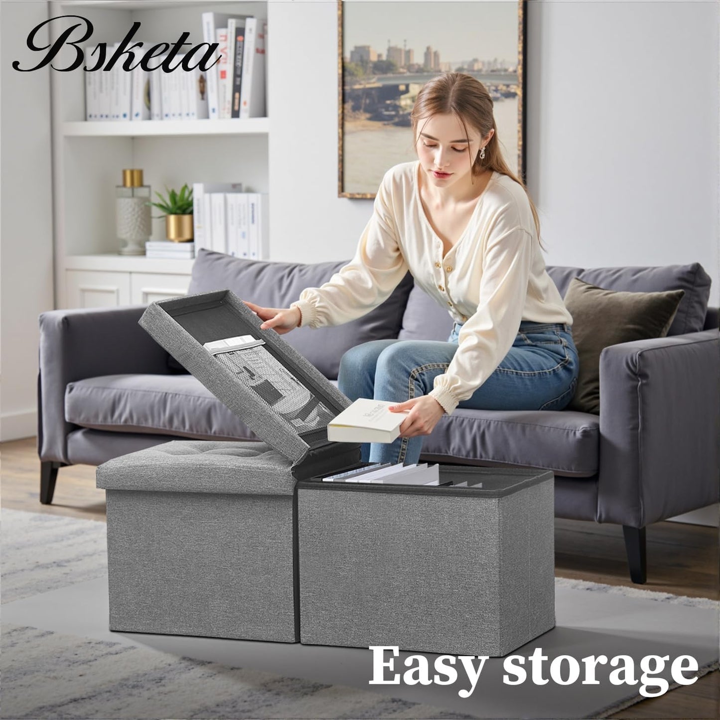 Storage Ottoman Bench with Folding Lid Ⅲ, Foot Stools Opens on Both Ends, Footrest Foldable Linen Chest for Living Room, Bedroom, Entryway, End of Bed Storage Blanket Ottomans Dark Gray