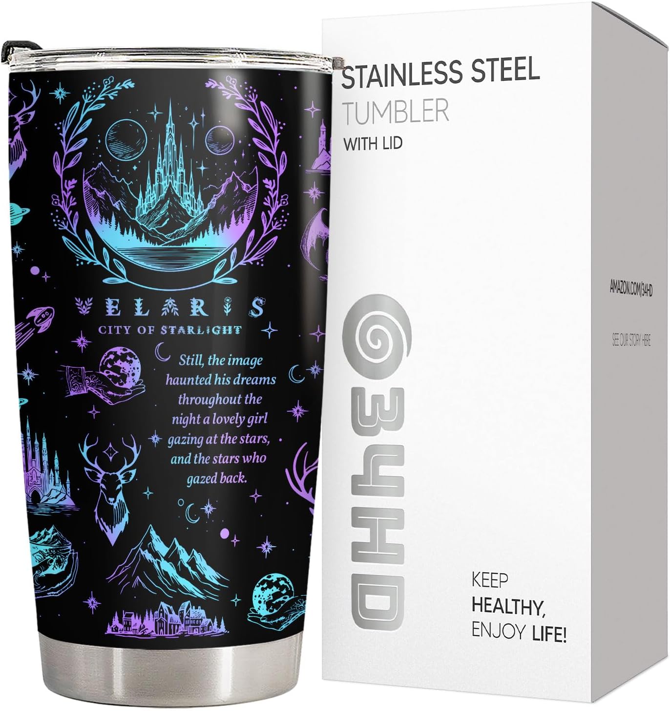 34HD Galaxy City of Starlight Tumbler 20oz Stainless Steel Insulated - Fantasy Book Lover Gift for Readers - Double Wall Vacuum Travel Mug Black Deer Castle