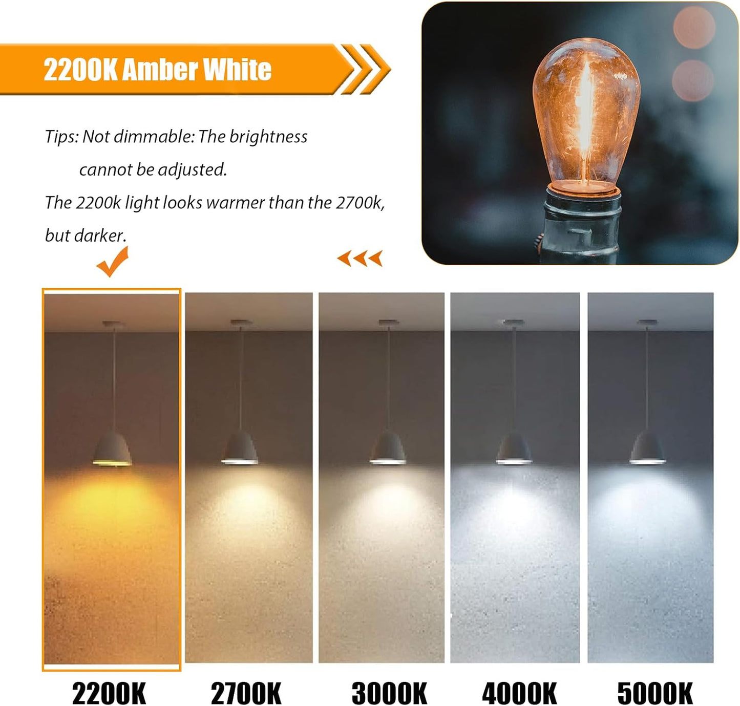 25 Pack S14 Replacement Bulbs for String Lights, 1W LED Waterproof Shatterproof Outdoor Light Bulbs, 2200K Amber Warm White, E26 Base, 70LM, AC120V, Non-Dimmable