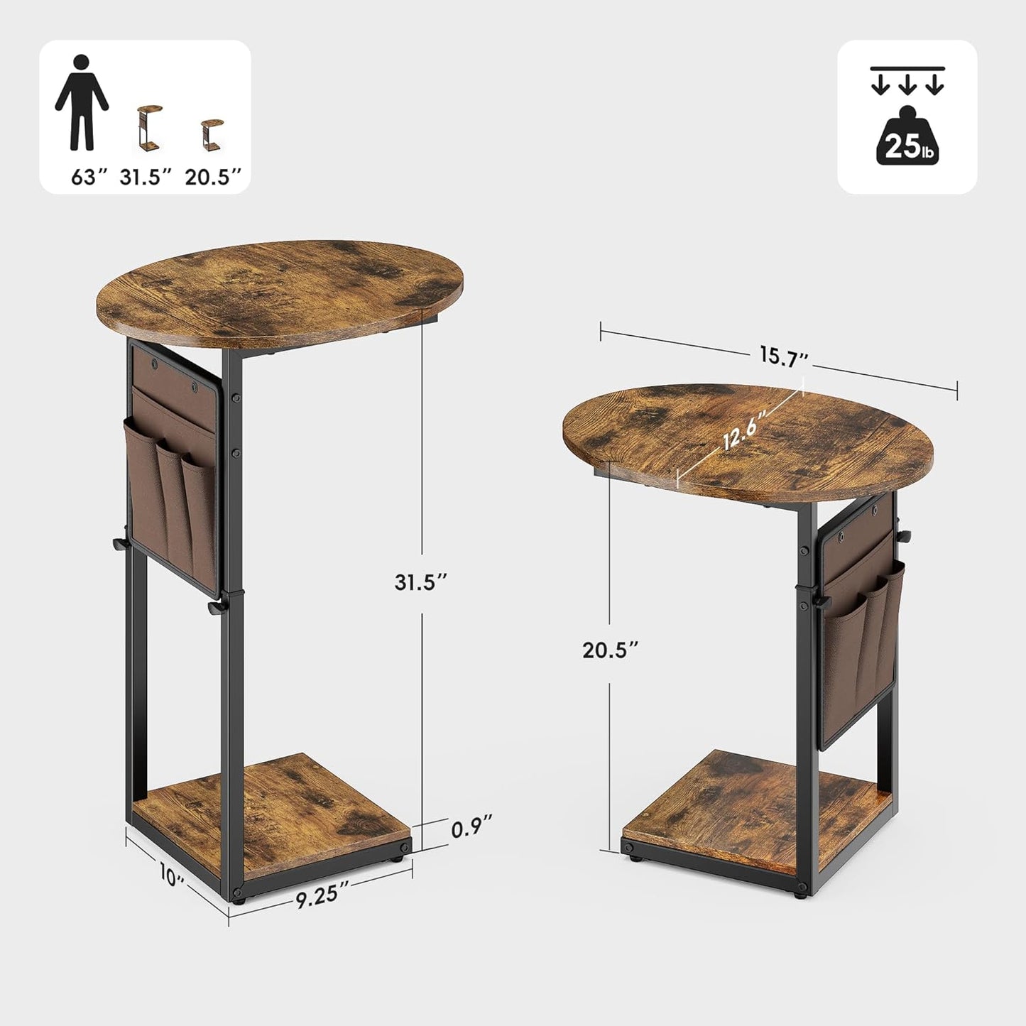 Vagusicc C Shaped End Table, Adjustable Height Small Side Table for Couch, 32" Tall Couch Side Table Slide Under Sofa Table TV Tray with Storage Bag for Living Room and Bedroom, Brown