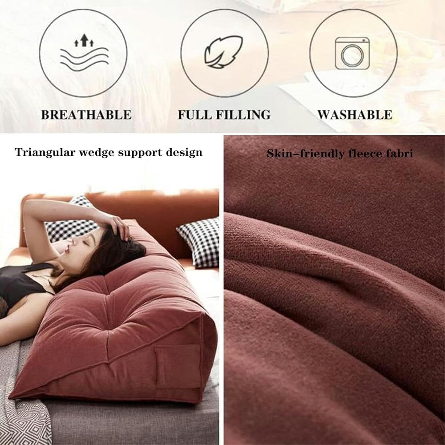 Soft Reading Bed Rest Pillow Large Bolster Cushion Velvet Headboard Backrest Triangular Wedge Pillow Neck & Lumbar Support for Dorm Room Daybed Full Size, 78.7in/200cm(King), Brown