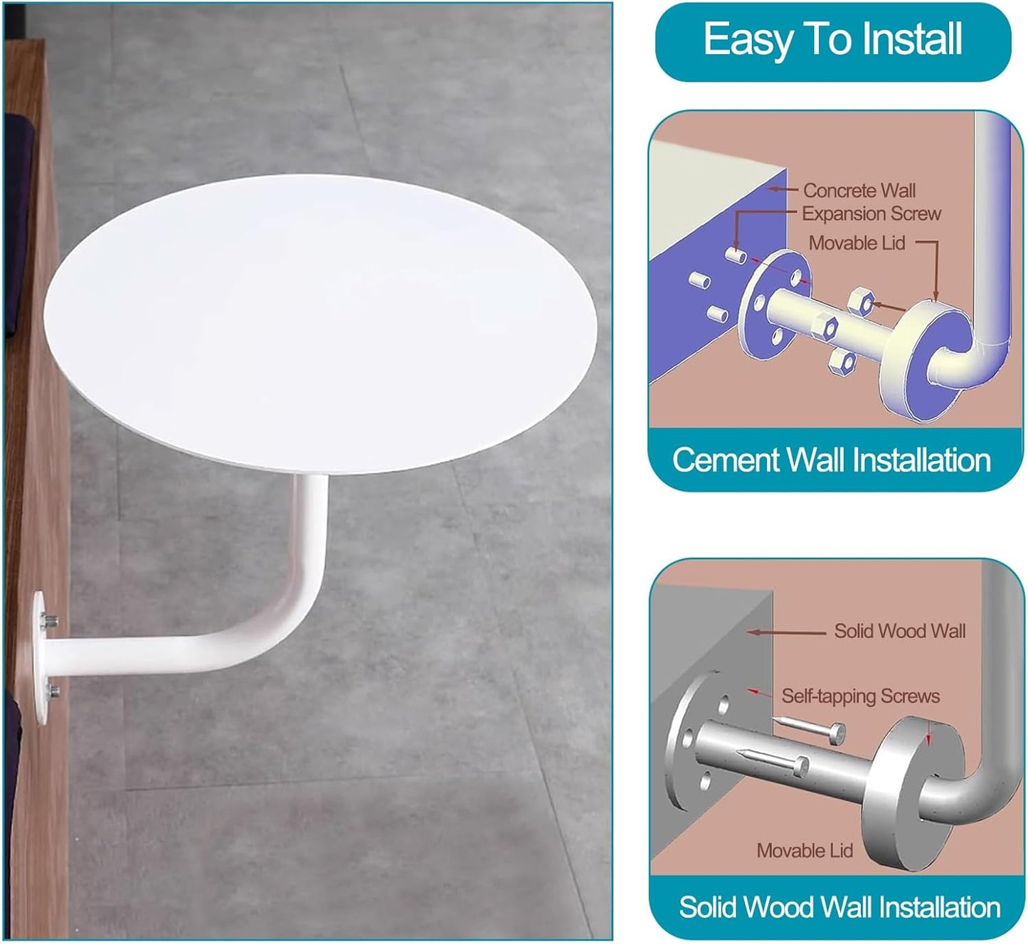 Round Pub Bar Table,Round Bar Table, Wall-Mounted L-Shape Cocktail Table with White Metal Iron Top Modern Cocktail Counter Bistro Pub Tables, Easy to Assemble/Save Space End Table for Cockt