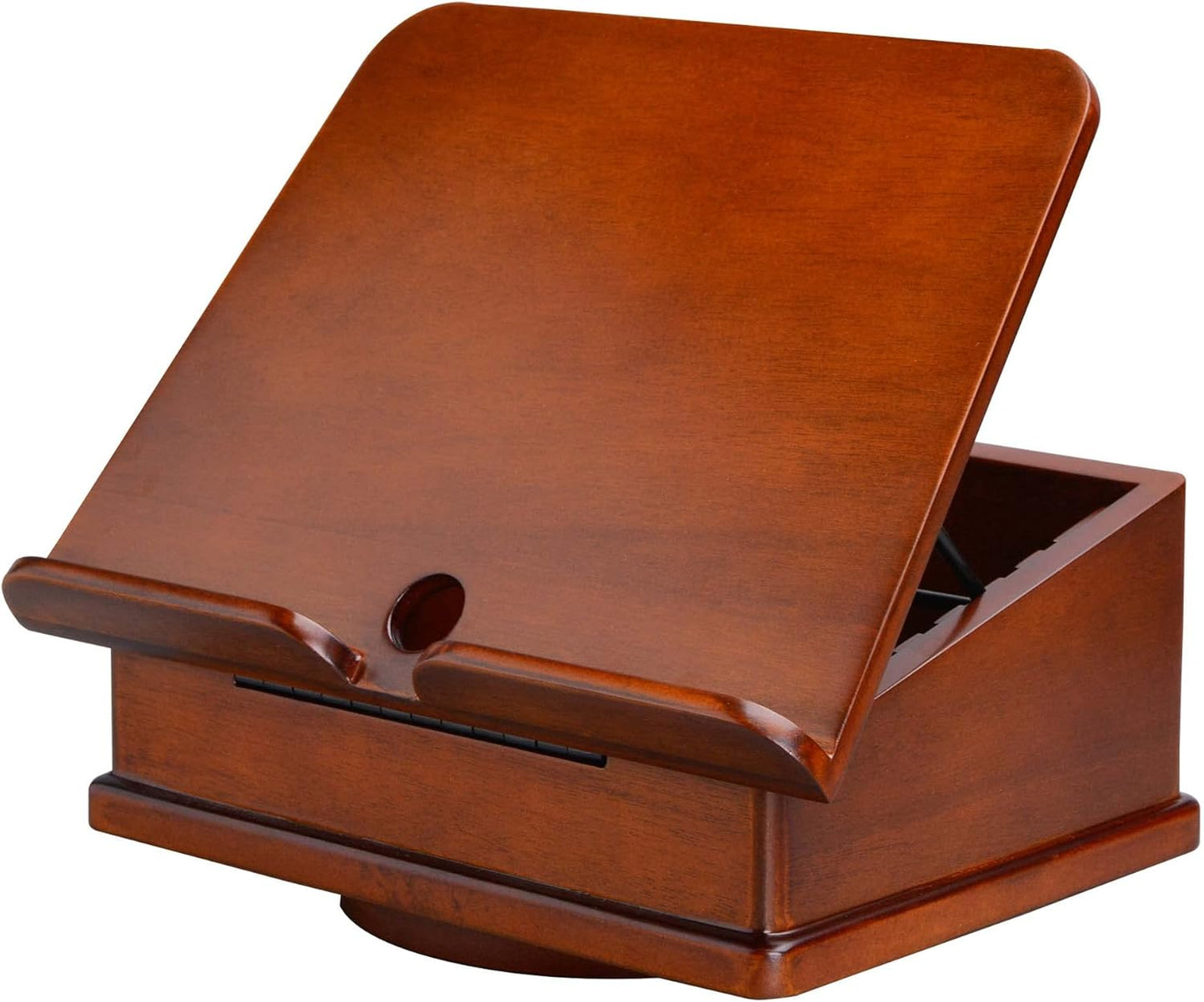 Wooden Book Stand for Cookbook Textbook and Tablet, Adjustable Angles, Spacious Storage Case, Carousel Base (Dark Cherry)
