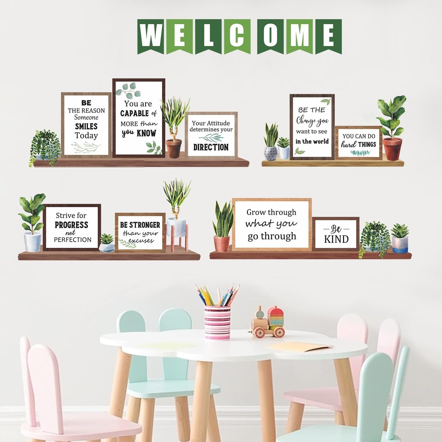 TOARTi Green Plants Wall Decals Motivational Classroom Wall Stickers Potted Plant Bookshelf Bulletin Board Decals Inspirational Quote Back to School Decoration