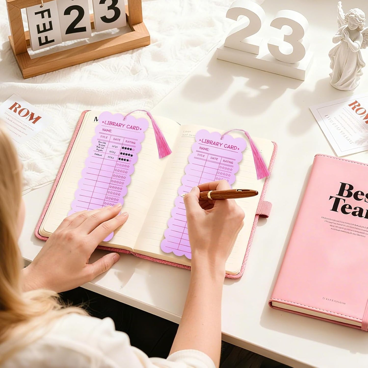50 PCS Reading List Bookmarks Book Tracker with 50 Bookmark Tassels Reading Log Bookmark 3 x 8 Inch Pink Library Card for Reading for Teacher Women and Book Lovers (100 PC Pink)