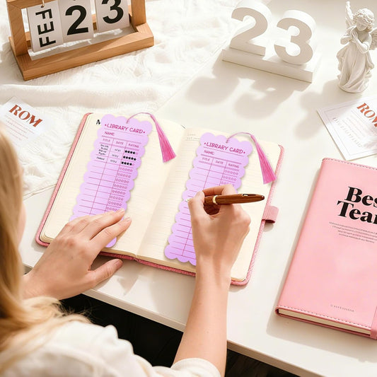 50 PCS Reading List Bookmarks Book Tracker with 50 Bookmark Tassels Reading Log Bookmark 3 x 8 Inch Pink Library Card for Reading for Teacher Women and Book Lovers (100 PC Pink)