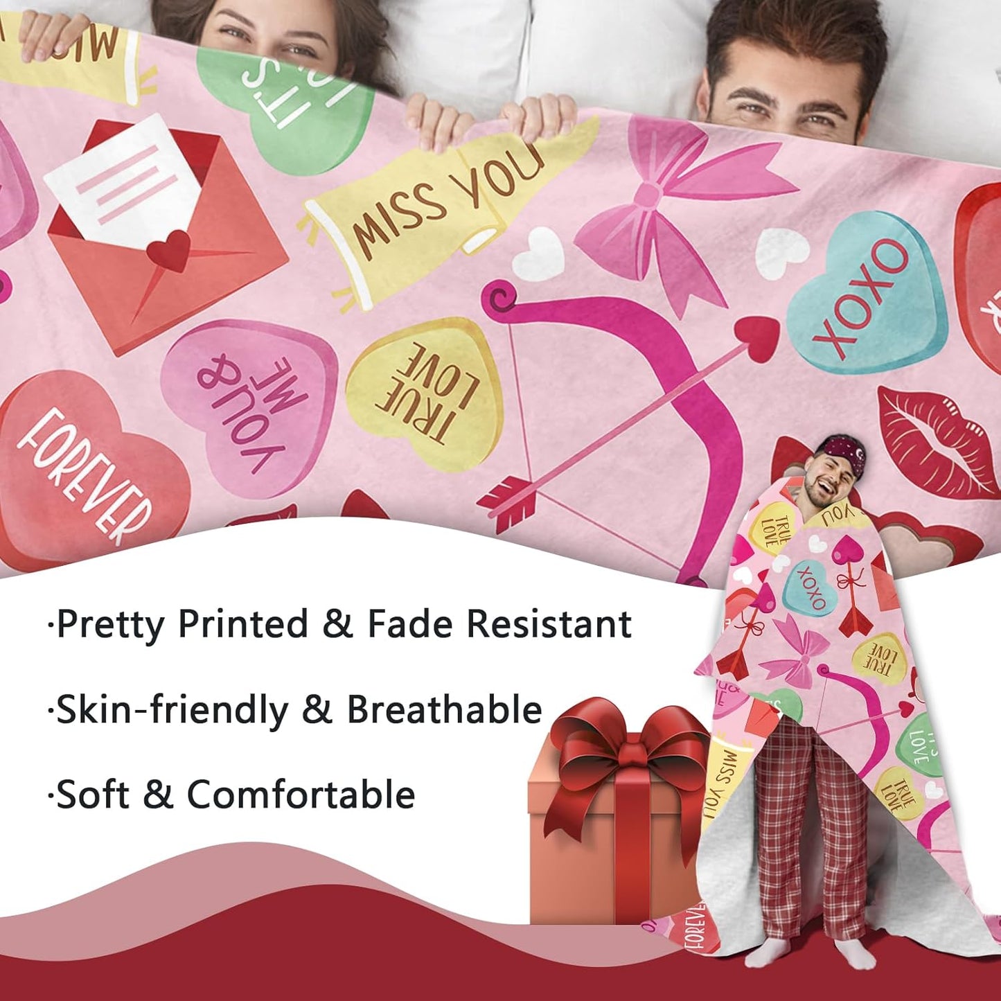 Valentines Day Flannel Throw Blanket, Colorful Cute Love Hearts Anniversary Birthday Gifts for Women Kids Lover Couples, Romantic Words Soft Blankets for Classroom School Bedding Sofa 50" x 60"