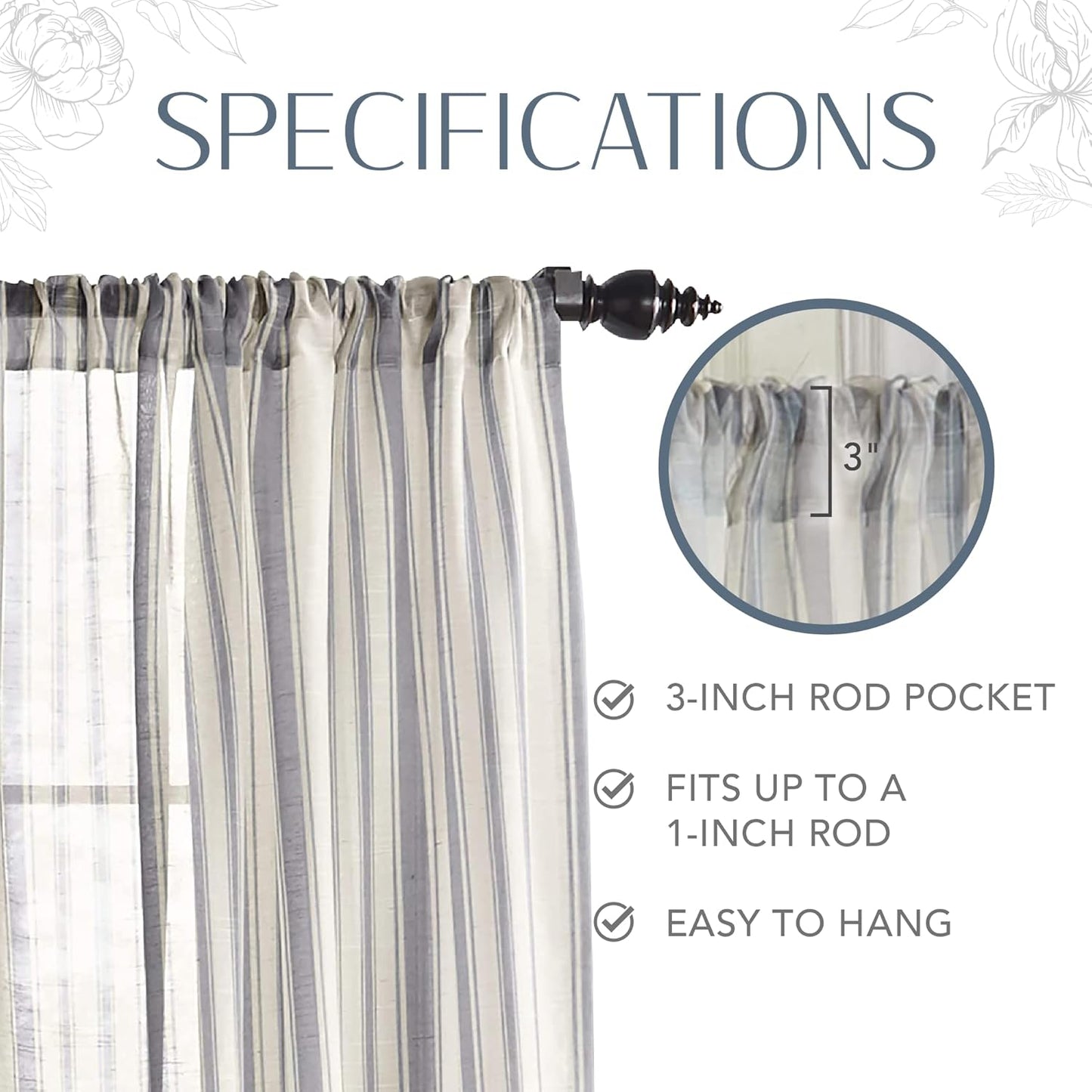 Elrene Home Fashions Hampton Stripe Sheer Window Curtain, 52" x 84" (1 Panel), Grey