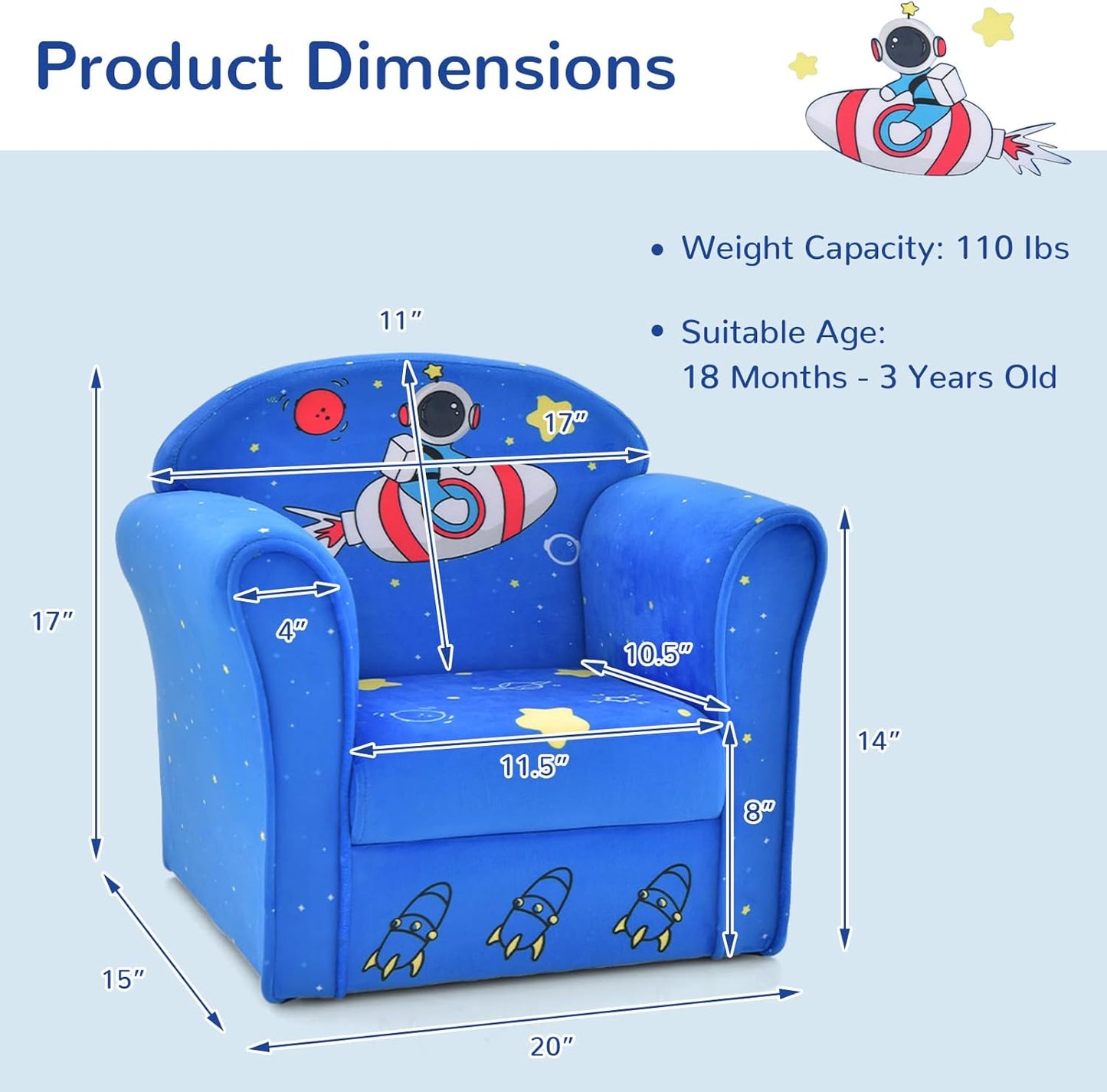 INFANS Kids Sofa, Toddler Armchair Chair with Sturdy Wood Construction Cartoon Pattern, Upholstered Children Armrest Couch for Nursery Kindergarten Playroom Preschool, Gift for Boys Girls