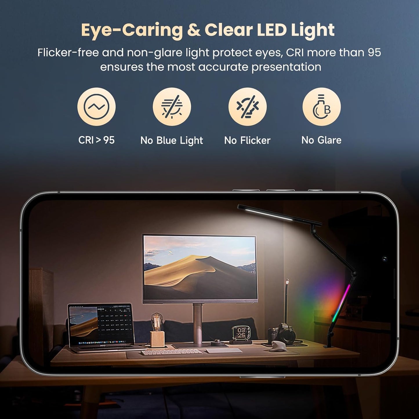 Pak LED Desk Lamp with Clamp, 18W Dual Light Architect Desk Light, Adjustable Swing Arm RGB Light Sensor Switch, Eye-Caring 4 Modes Stepless Dimming Table Lamp for Home Office Reading Study Gaming