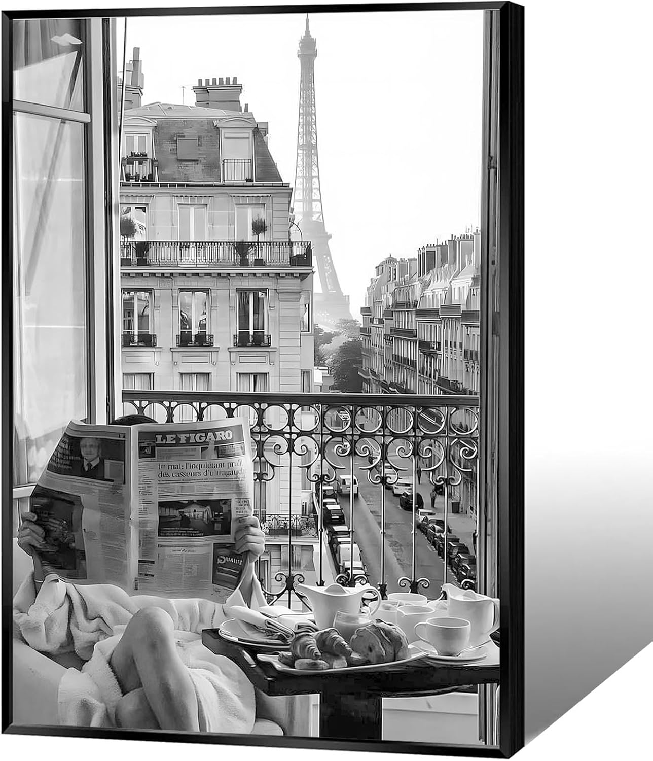Vintage Girl Reading Newspaper Canvas Wall Art Eiffel Tower View Poster Retro Black And White Feminist Room Aesthetic Prints Painting For Home Bedroom Dorm Apartment Wall Decor 16x24in Unframed