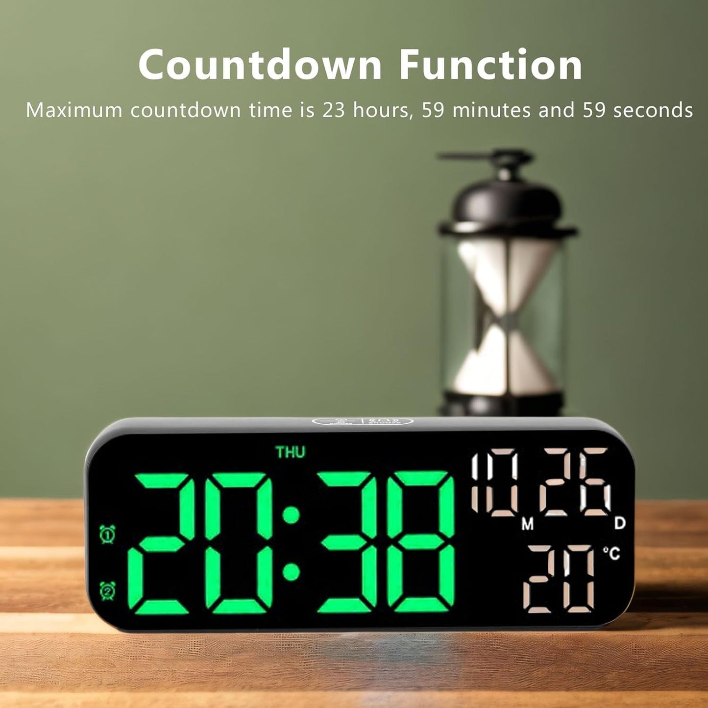 plplaaoo Digital Clock LED Display Voice Control Brightness Adjustable Date Temperature Countdown Timer Alarm Clock for Home Office Bedroom ABS 6.9in (Black Green Lamp)