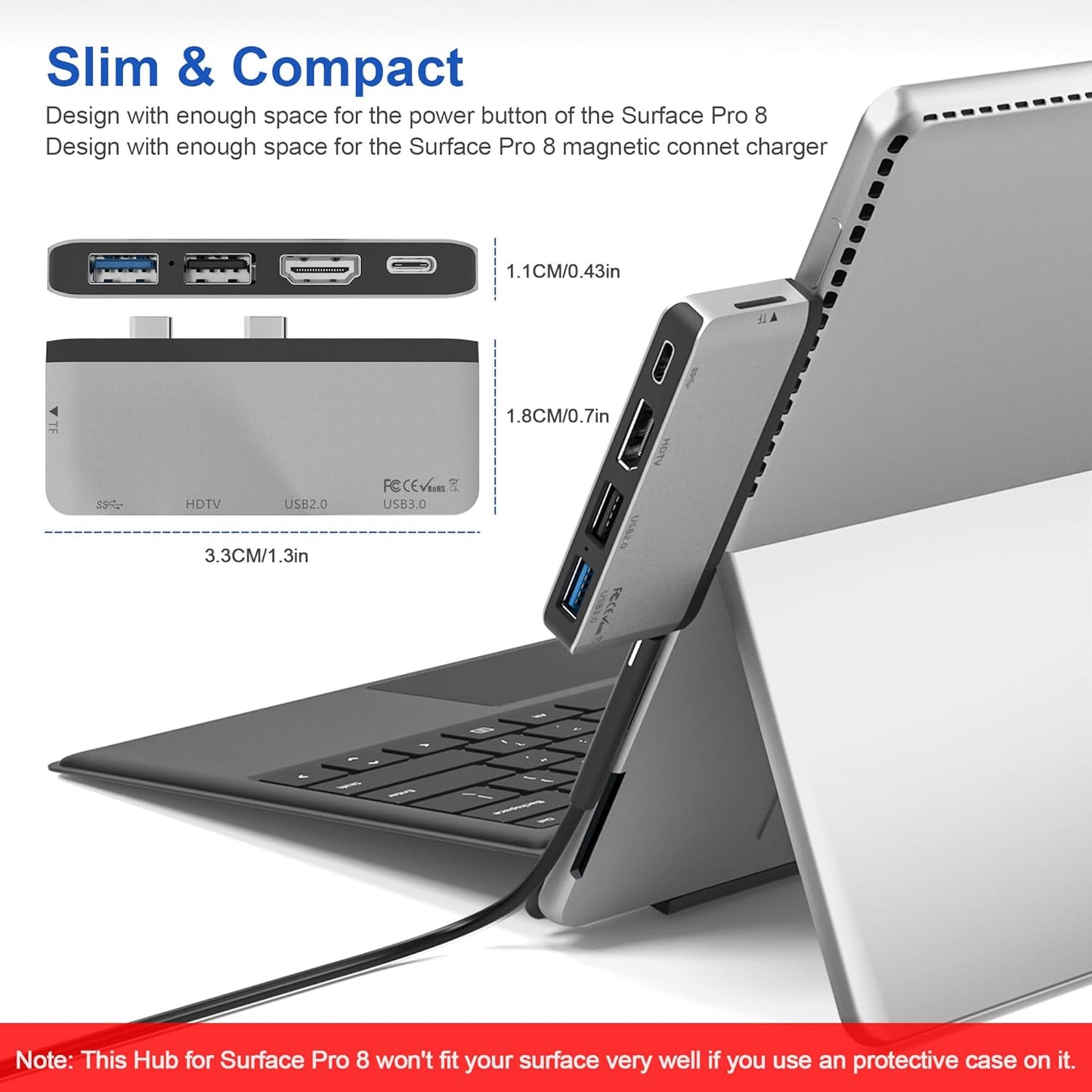 Docking Station for Surface Pro 8 with 4K HDMI, USB-C Thunerbolt 4 (Display+Data+PD Charging), USB 3.0, USB 2.0, TF Card Slot, Triple Display (Pro 8+HDMI+USB C) USB Hub for Pro8