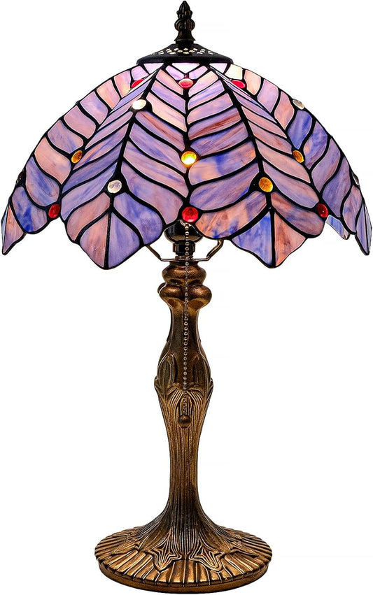 Tiffany Style Lamp, Blue Purple Stained Glass Coconut Leaf Table Lamp, Vintage Accent Reading Light Decor Bedroom Living Room Home Office W12H19 Inch