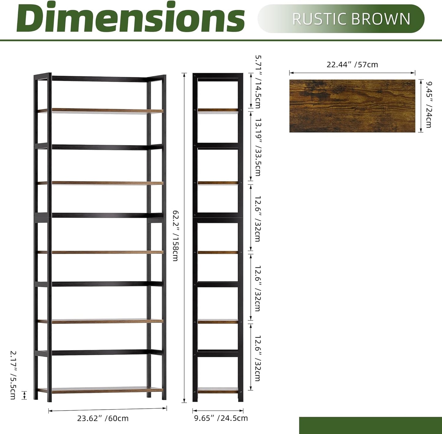 5-Tier Bookshelf, Industrial Bookcase with Bamboo Frame, Modern Display Standing Shelf Unit, Tall Wood Storage Organizer for Living Room, Home Office, Rustic Brown