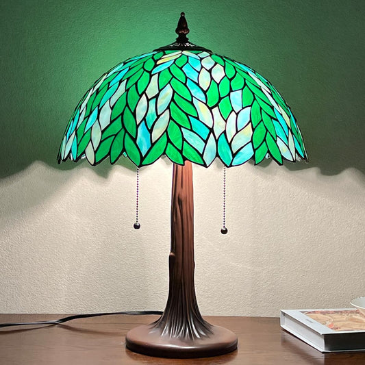 Tiffany Style Table lamp, Green Wisteria Stained Glass Desk Light - Antique 16” Large Nightstand Bedside Reading Light for Living Room Bedroom Office