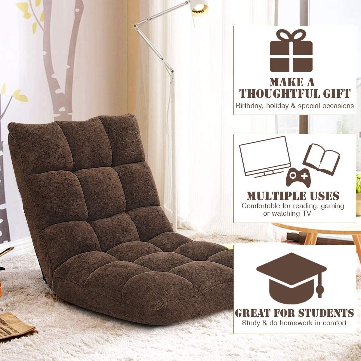 FANTASK 14-Position Floor Sofa, Folding Memory Foam Chair w/Comfy Cushions & Study Steel Frame, Angle Adjustable Couch Sofa for Reading, Gaming, Meditating (Coffee)