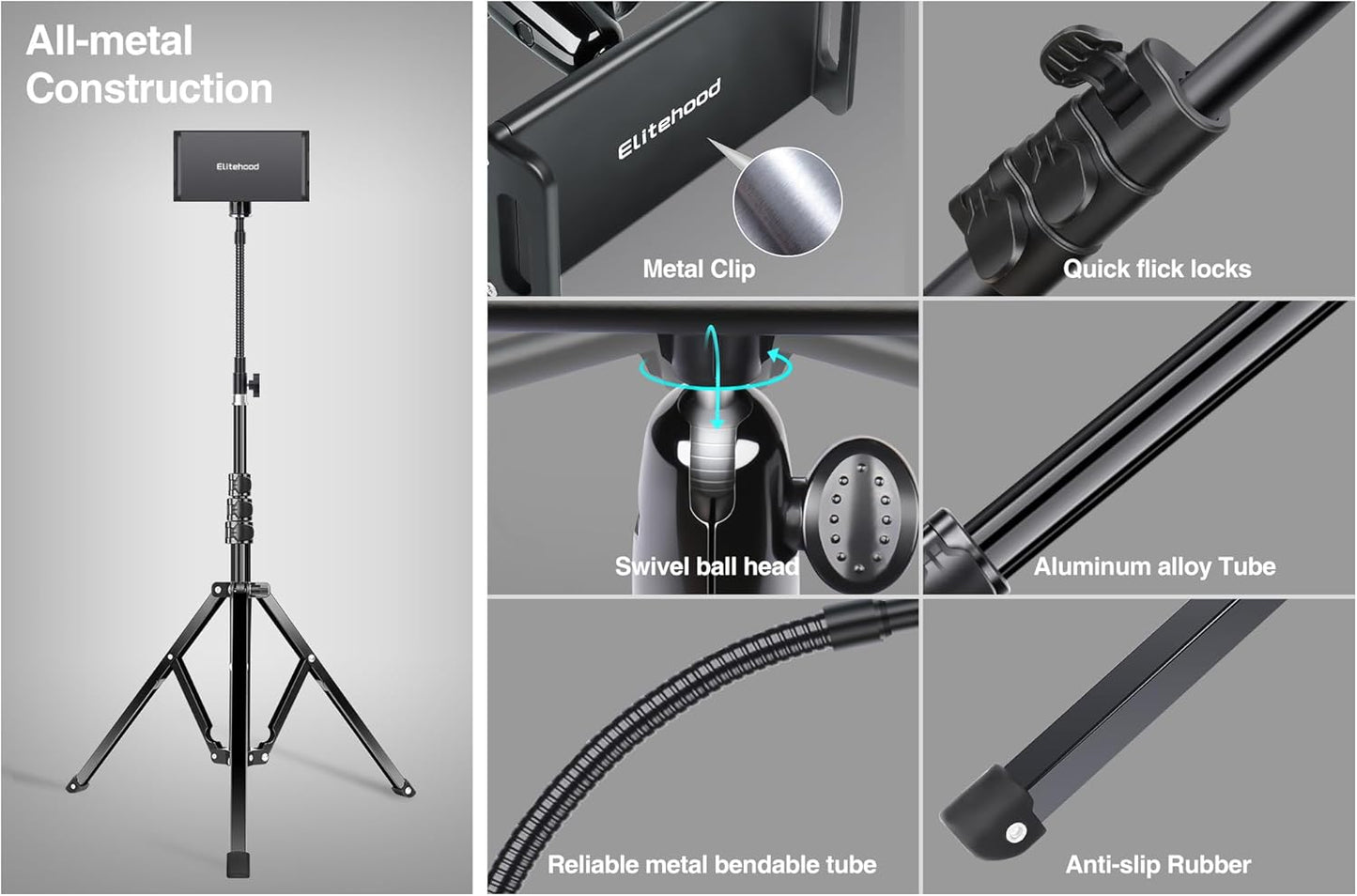 elitehood Metal iPad Tripod Stand & Adjustable 72’’ Gooseneck Tablet Floor Stand Holder, Heavy Duty Aluminum iPad Floor Stand for Pro 12.9 11, Mini, Air, iPhone and 4.7-12.9" Tablets Cell Phones