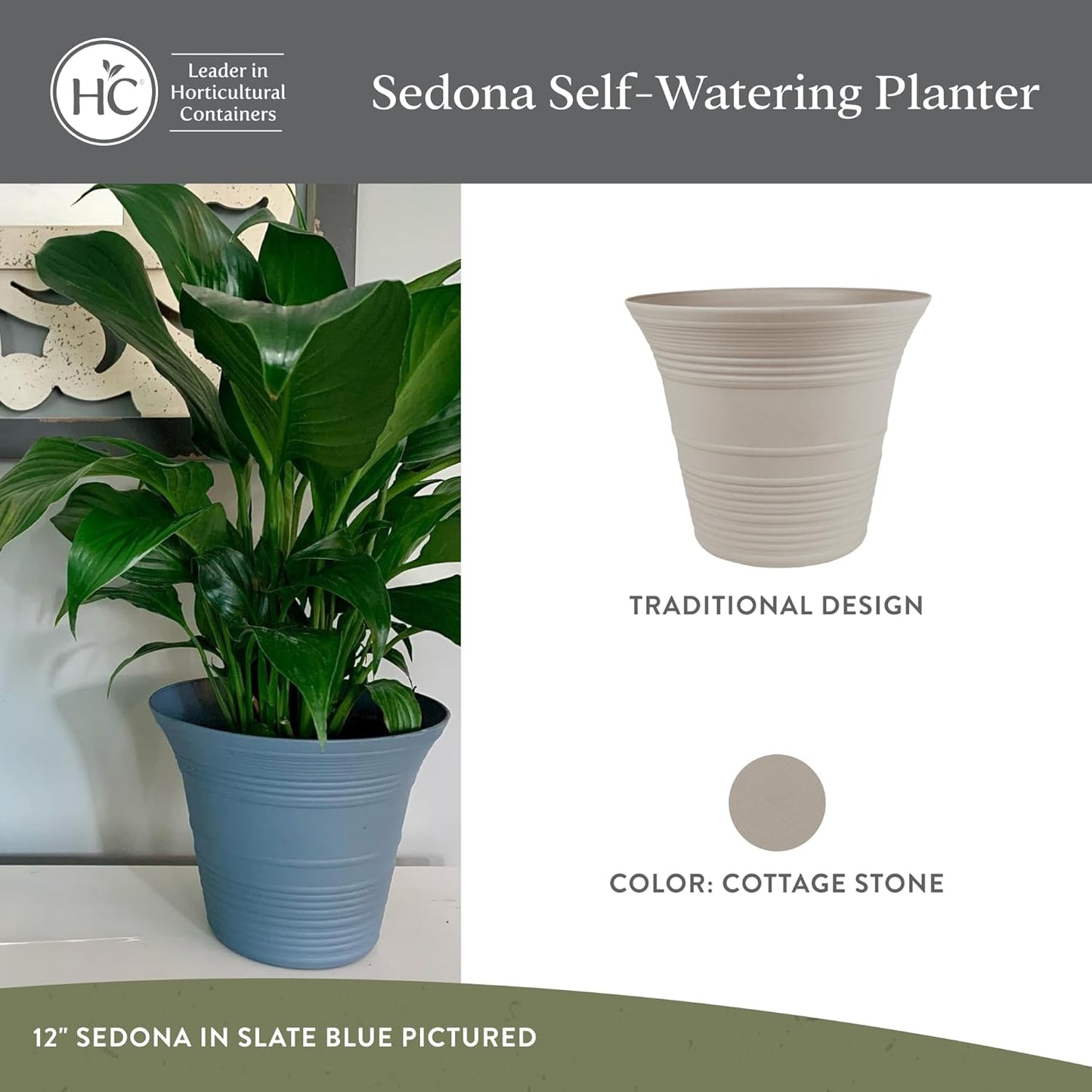 The HC Companies 14 Inch Sedona Round Self Watering Planter Pots, Lightweight UV-Resistant Plastic Indoor & Outdoor Planters, 2-Pack Flower Pots for Garden & Home Decor, Cottage Stone