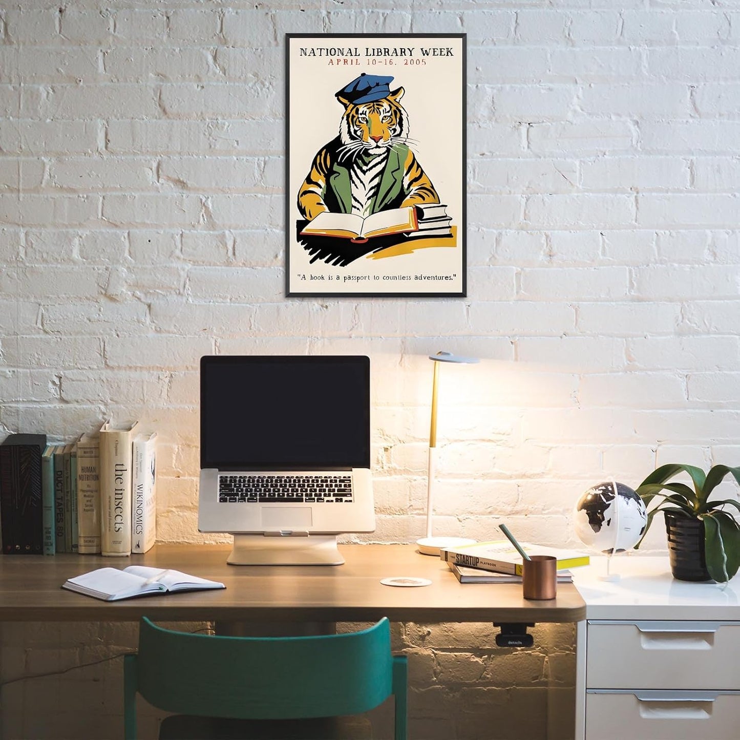Retro Tiger Reading Books Canvas Posters Trendy 1998 National Library Week Wall Art Animal Book Lover Prints Painting For Living Room Bedroom Library Wall Decor 12x16in Unframed